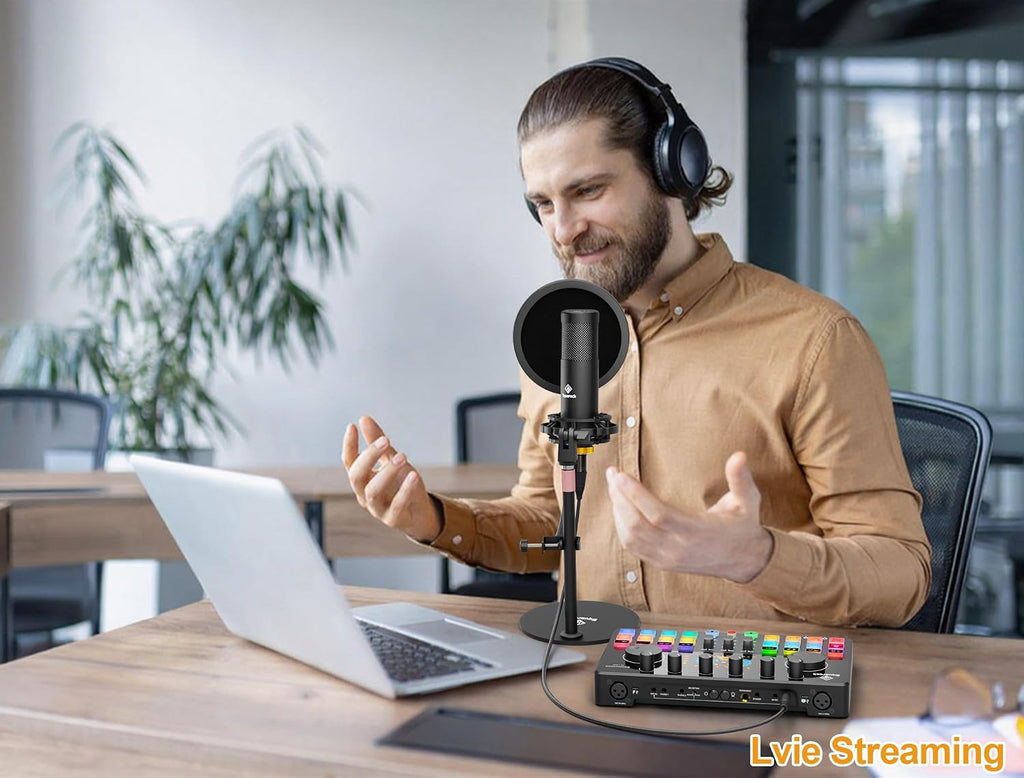 Podcast Equipment Bundle All-in-One with Dual XLR-3.5 Condenser Micophone with Mic Pop Filter Audio Equipment for Live Streaming/Recording, Online Gaming for Phone/Laptop/PC Audio Interface M100