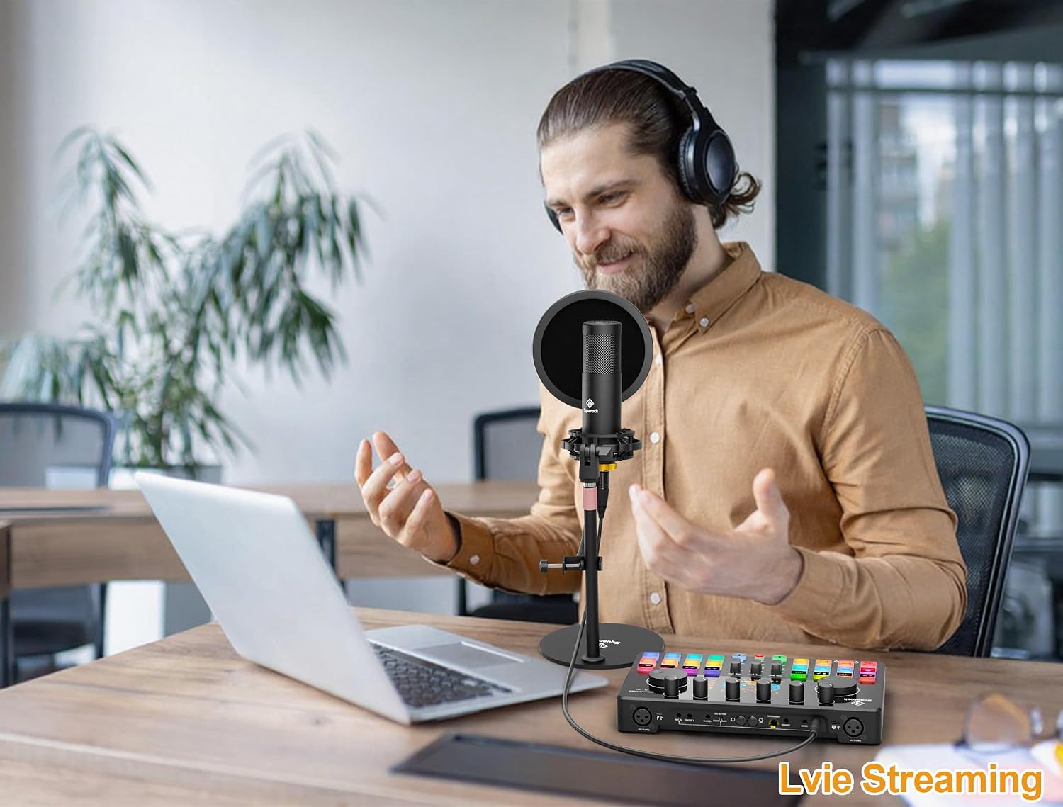 Podcast Equipment Bundle All-in-One with Dual XLR-3.5 Condenser Micophone with Mic Pop Filter Audio Equipment for Live Streaming/Recording, Online Gaming for Phone/Laptop/PC Audio Interface M100