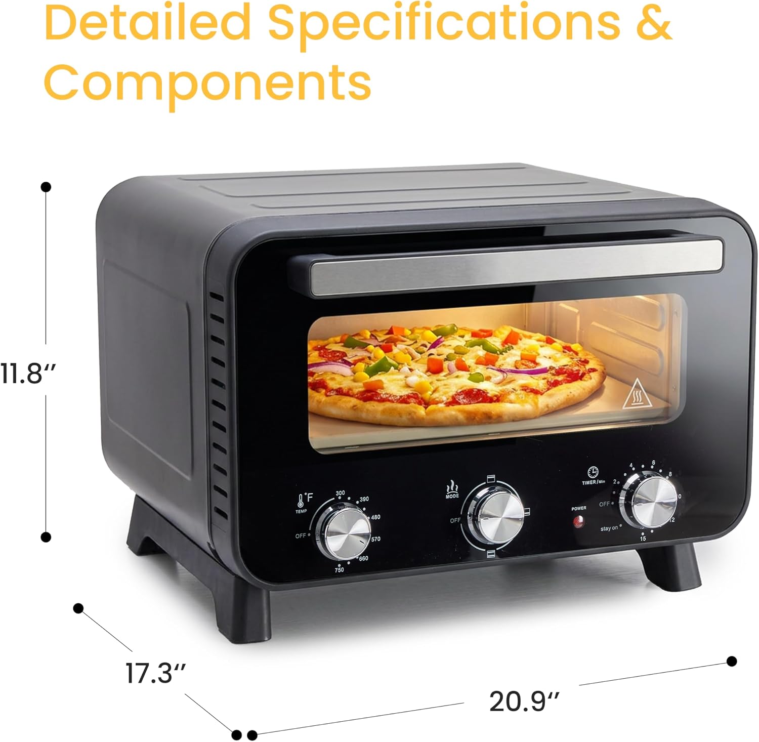 Simple Deluxe 1600W Indoor Electric Pizza Oven, 4 Cooking Modes for 12' Pizza, Fast Heating with Dual Independent Temp Control, Includes Pizza Stone & Spatula, Black