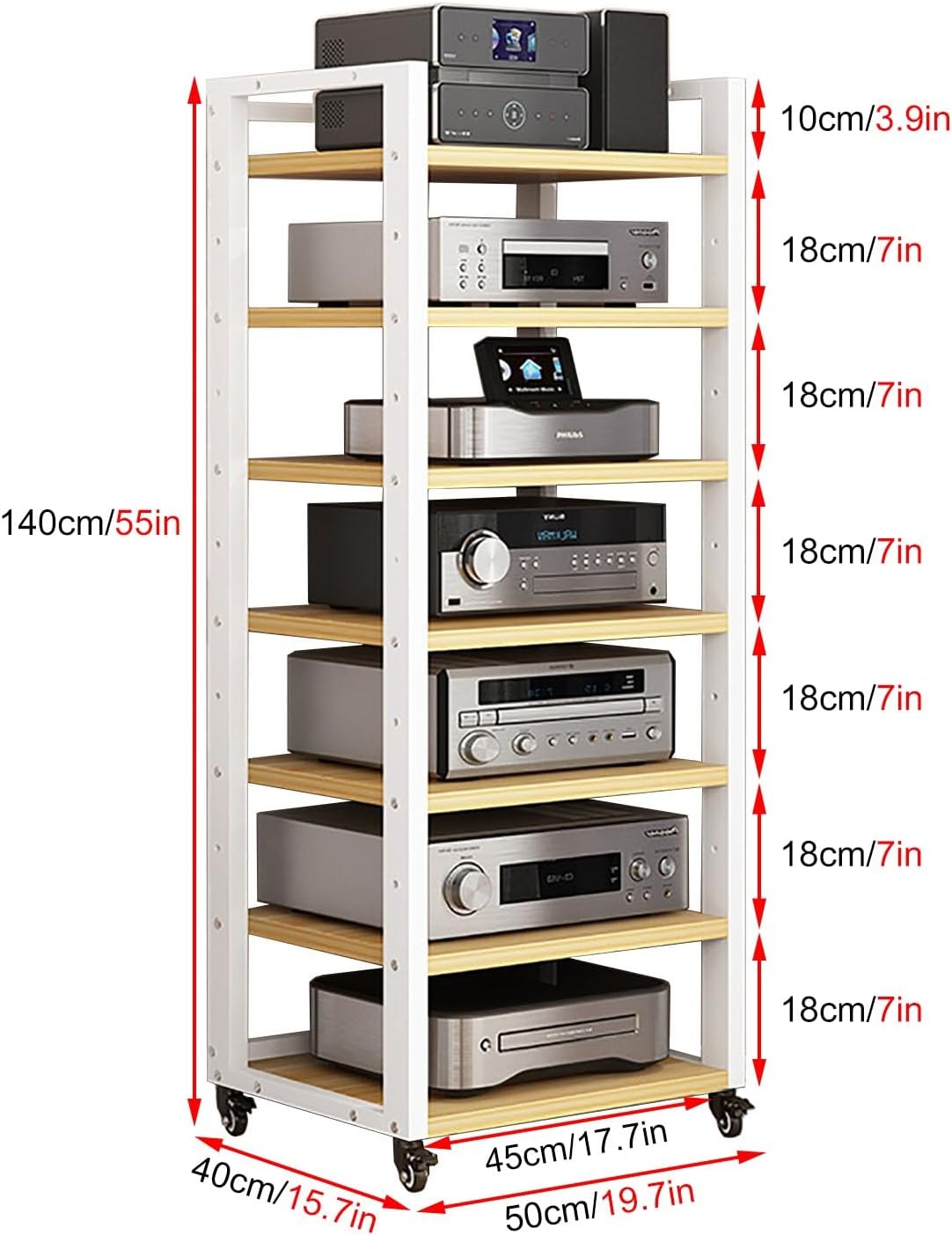 7-tier Av Media Stand, Audio Rack With Adjustable Shelves, Stereo Racks And Stands With Wheels, Stereo Rack For Home, Office, Theater(C)