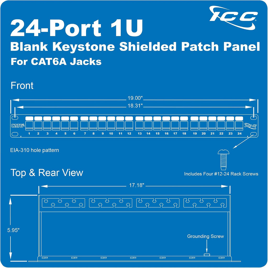 ICC 24-Port CAT6A Keystone Shielded 1U Patch Panel with CAT6A Shielded Keystone Jacks, 19' Rackmount Housing and Cable Support Bar, Protects Against EMI, UL Listed PoE++ Compliant, ICMPP246AS