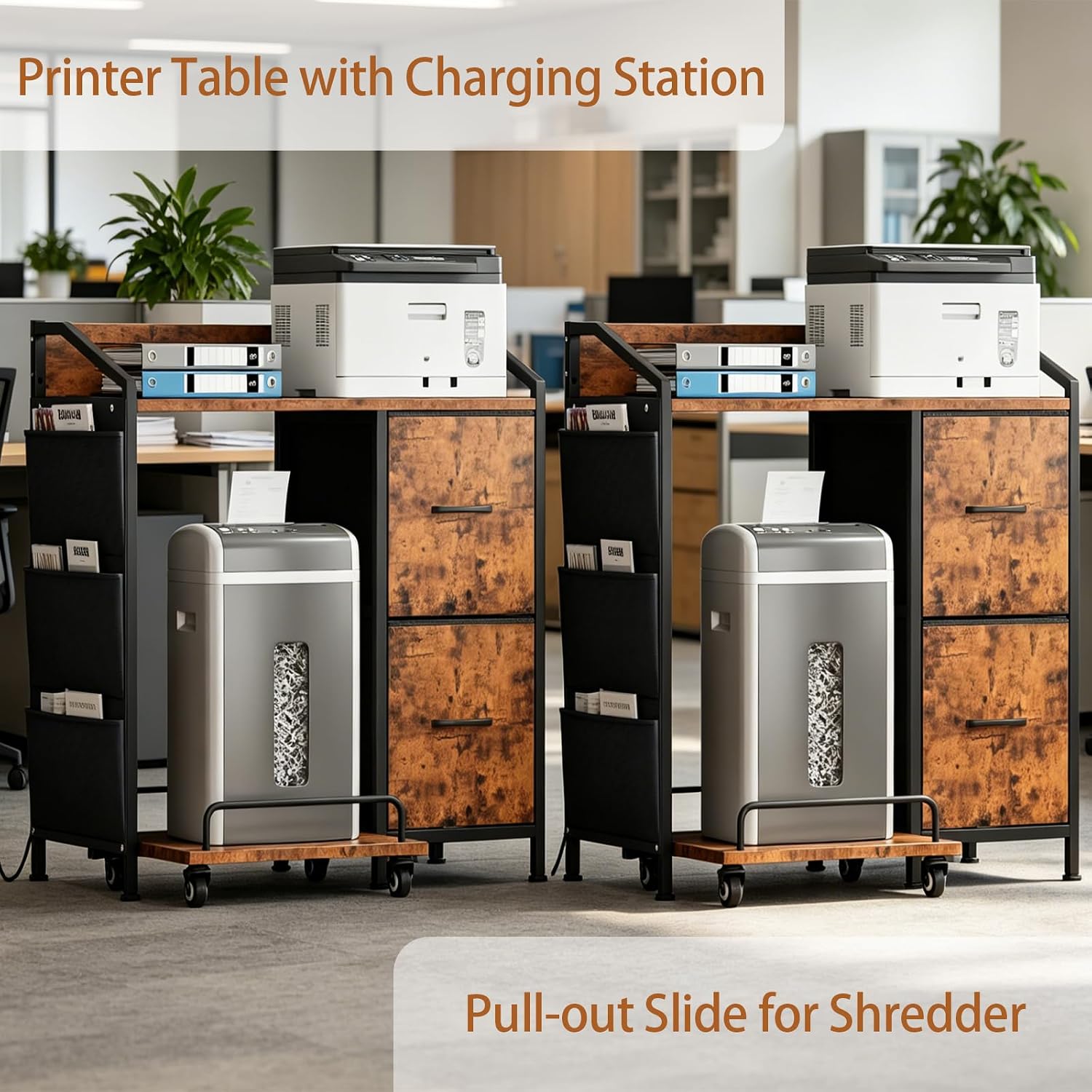 Printer Stand with Storage, Lateral Office Filing Cabinets with Power outlets & USB Charging Port, File Cabinet with Large Printer Stands for Home Office, Shredder Stand Rack (Rustic Brown)