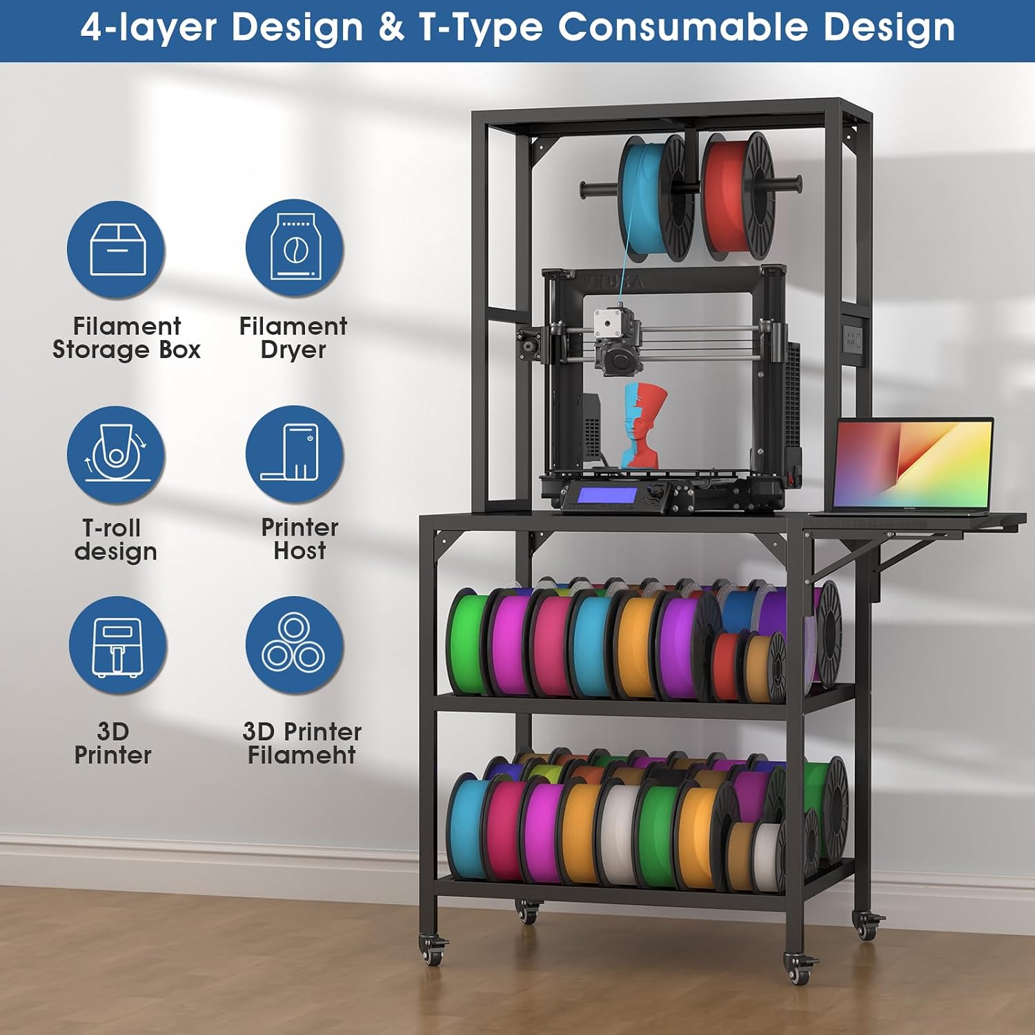 3D Printer Stand, Heavy Duty 3D Printer Table Stand with Filament Storage Rack, T-Shaped Spools Holder Rack with Wheels,3D Printer Workbench for 3D Printing Studio