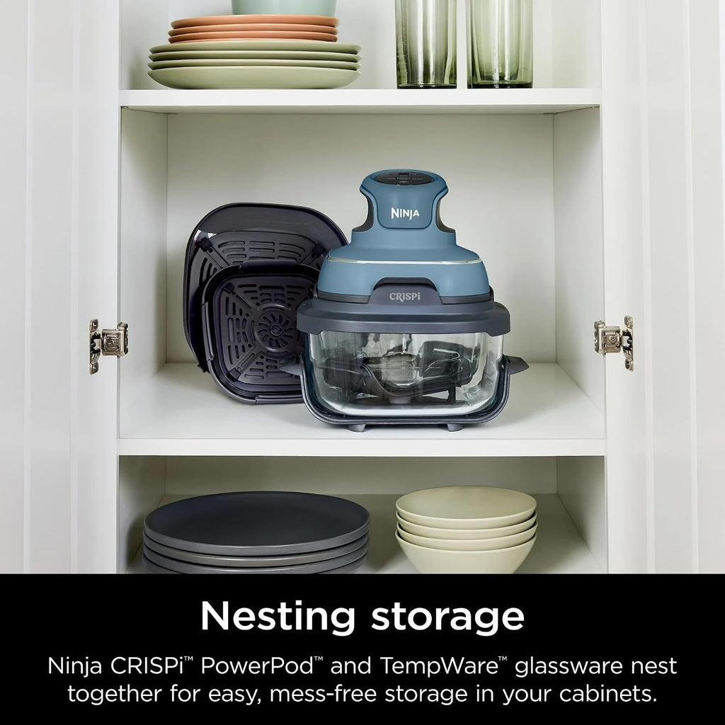 Ninja FN100ND Crispi Air Fryer, Microwave, Freezer & Dishwasher Safe, Non Toxic Glass Portable Cooking System, 4 QT & 5 Cup Glass Containers with Storage Lids, Easy Meals, Blue (Renewed)