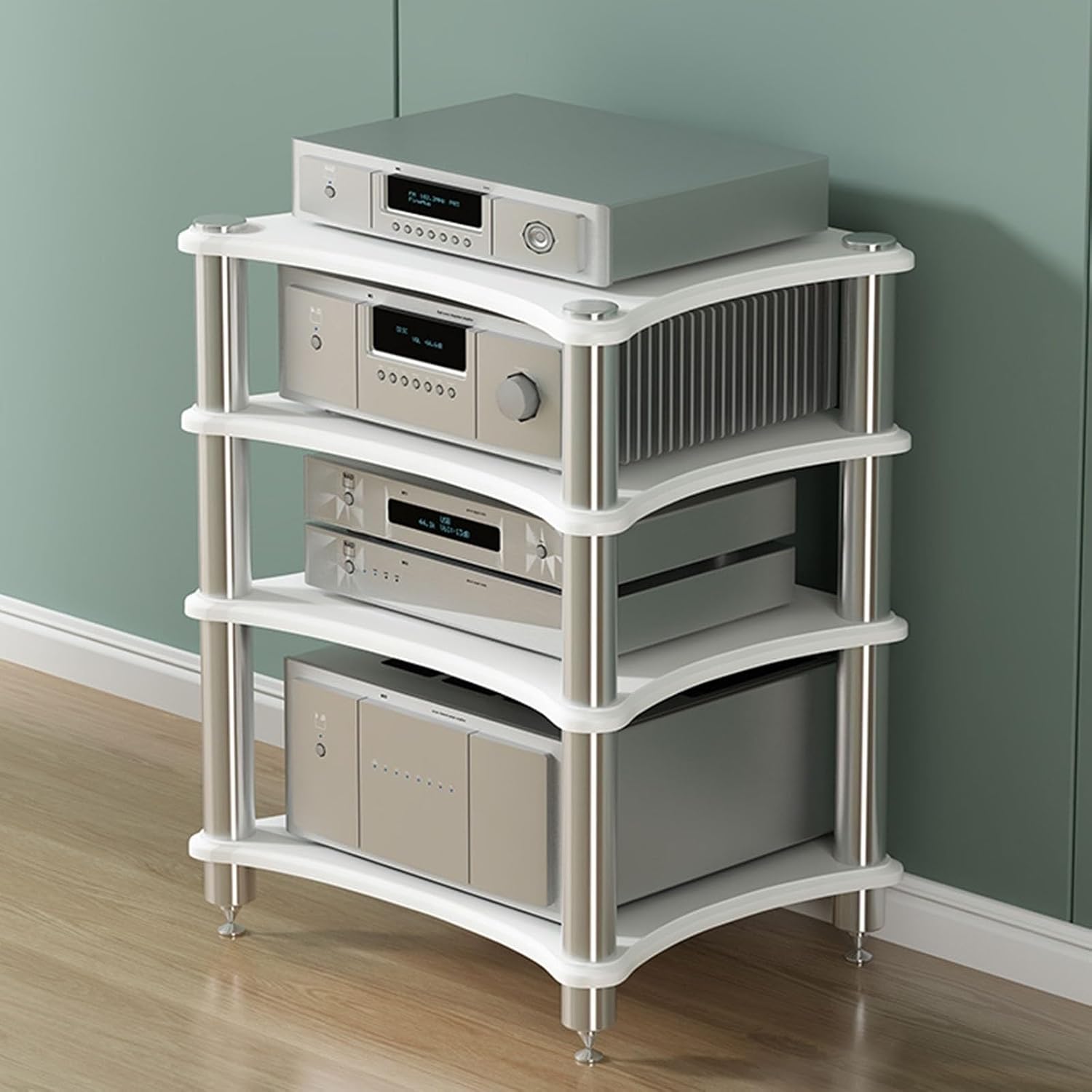LSMKKA Heavy Duty Audio Component Rack, 85cm High Amplifier Rack Shelf/Audio-video Shelving - Display Record Player Stereo Receiver, Hifi Audiophile Equipment Cabinet, Black White Wood Teak(White)