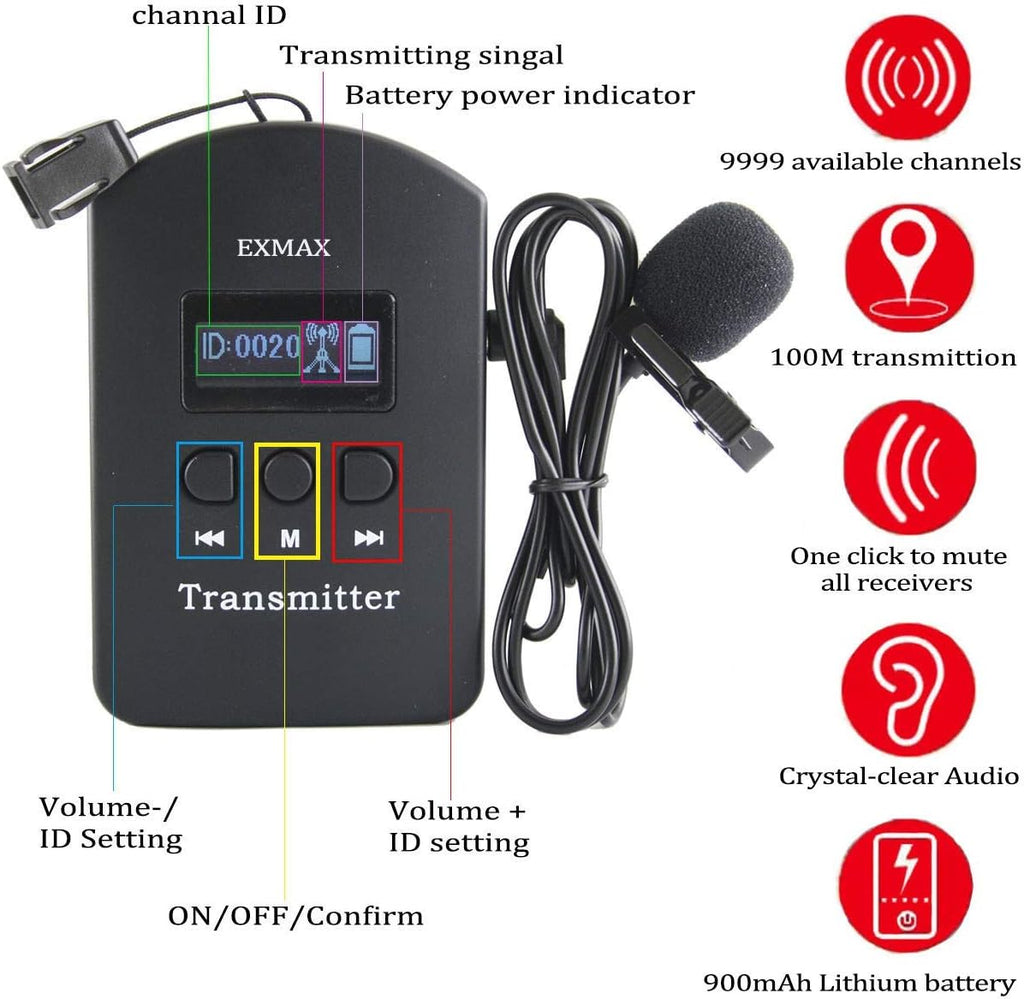 EXMAX EXD-6824 Wireless Tour Guide System Audio Transmission Kit Church Translation Translator in Ear 9999 Channels for Listening Teaching Traveling Museum Conference - 2 Transmitters 20 Receiver Case
