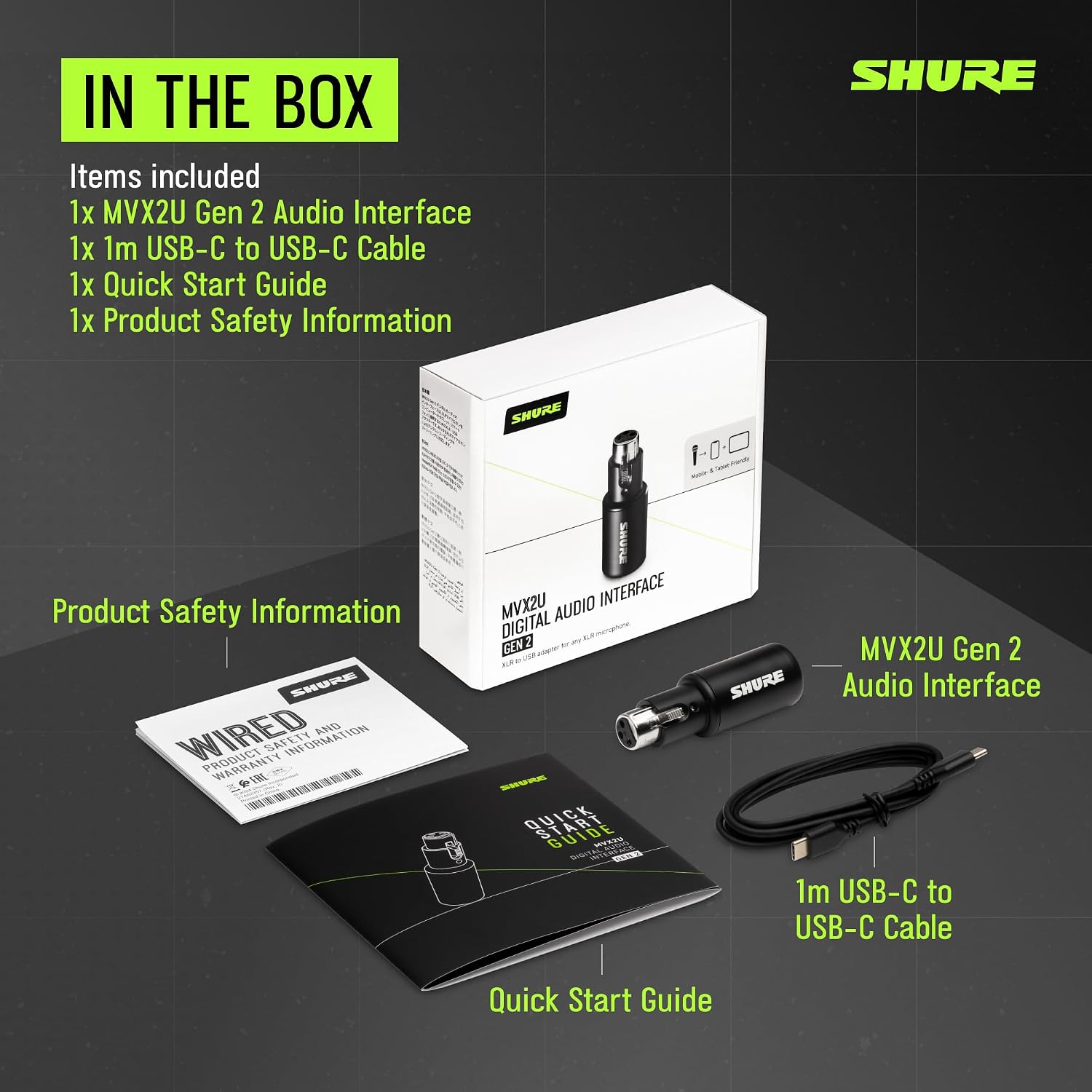 Shure MVX2U Gen 2 XLR-to-USB-C Digital Audio Interface, Apple MFi Certified, Portable Setup for Audio Processing, Noise-Free Recording Between XLR and USB-C Devices