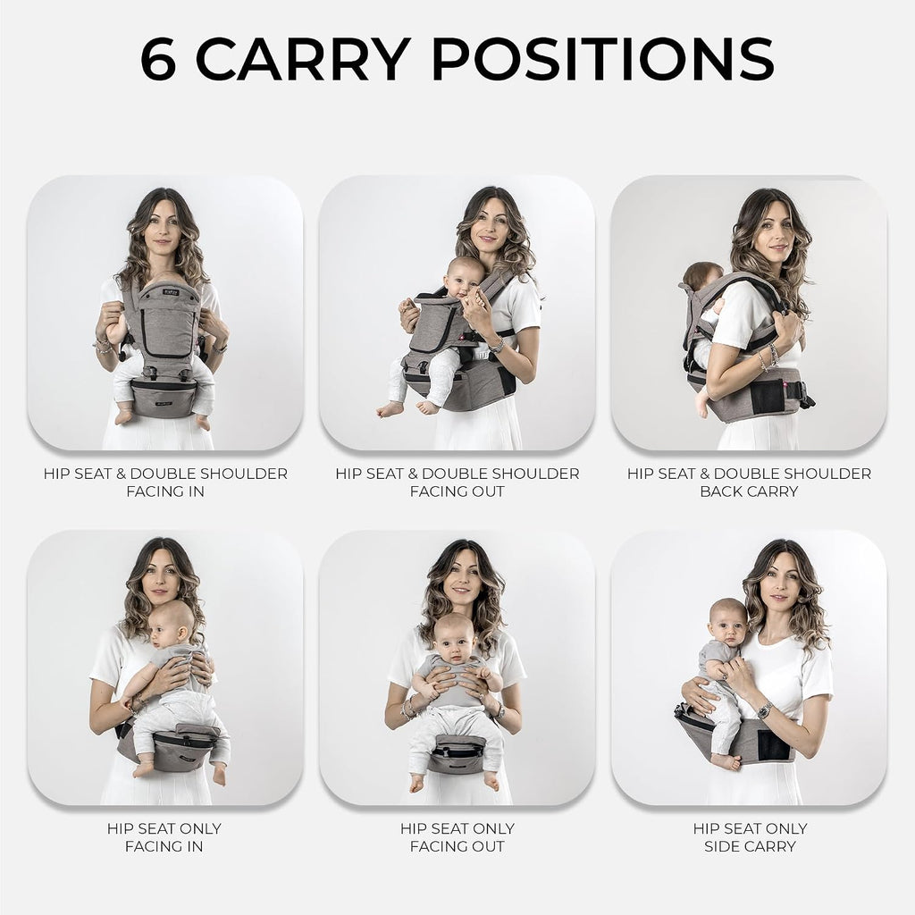 MiaMily Ergonomic Hip Seat Baby Carrier, 6 Carry Positions, Newborn to Toddler, Lumbar Support, Adjustable Waist Belt, Hipster Plus, Stone Grey