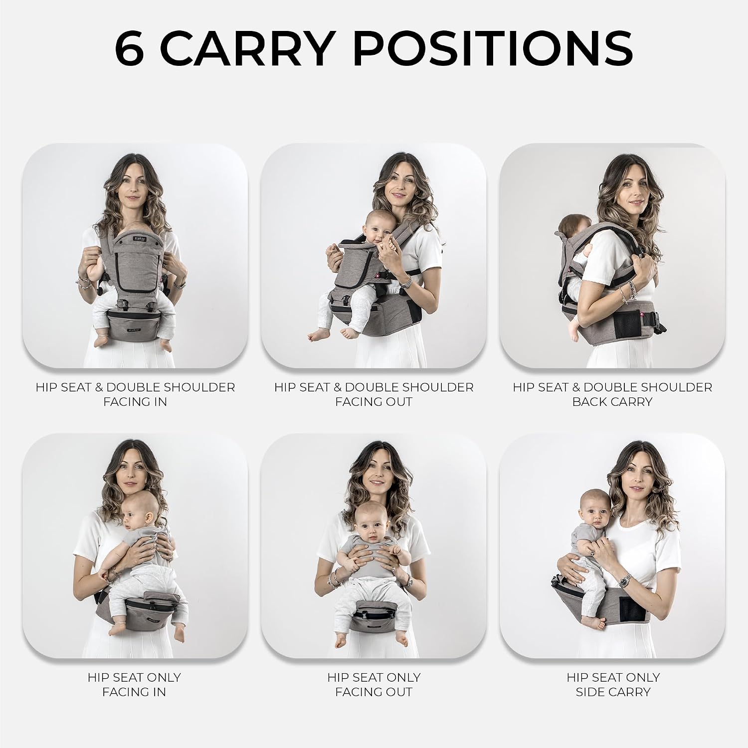 MiaMily Ergonomic Hip Seat Baby Carrier, 6 Carry Positions, Newborn to Toddler, Lumbar Support, Adjustable Waist Belt, Hipster Plus, Stone Grey