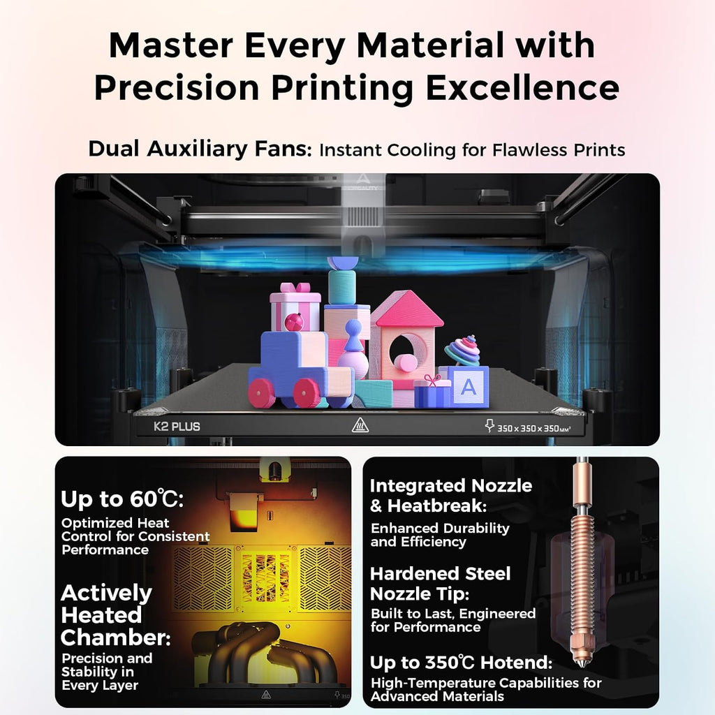 Creality K2 Plus 3D Printer, Multicolor Printing with CFS, Ultra-Fast 600mm/s Speed, 350x350x350mm Build Volume, Dual AI Cameras, Full-Auto Leveling, Professional-Grade FDM Printer