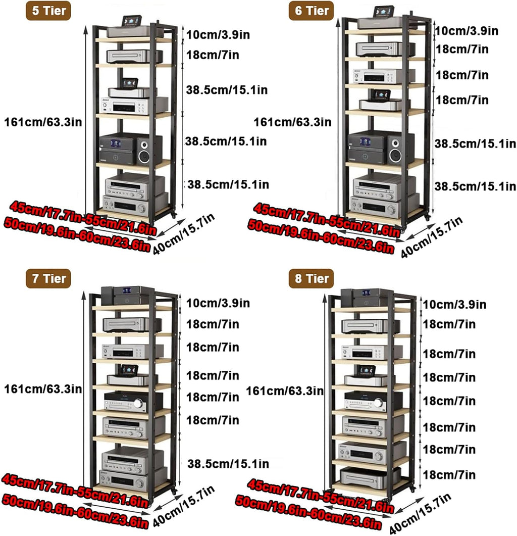AV Media Stand 5/6/7/8 Tier Movable Record Player DVD CD Audio Rack Tower Holder, Adjustable Media Storage Cabinet, Equipment Console Shelf for Home Office Theater,Black,6 Tier W 19.6″