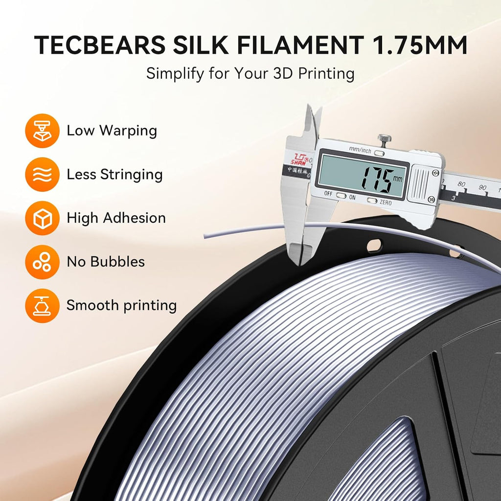 TECBEARS Silk Filament Bundle, 10KG Shiny Silk PLA Filament with Smooth Silky Surface, Pack of 10, Light Gold+Sliver+Black+White+Red Copper+Pink+Red+Blue+Green+Orange