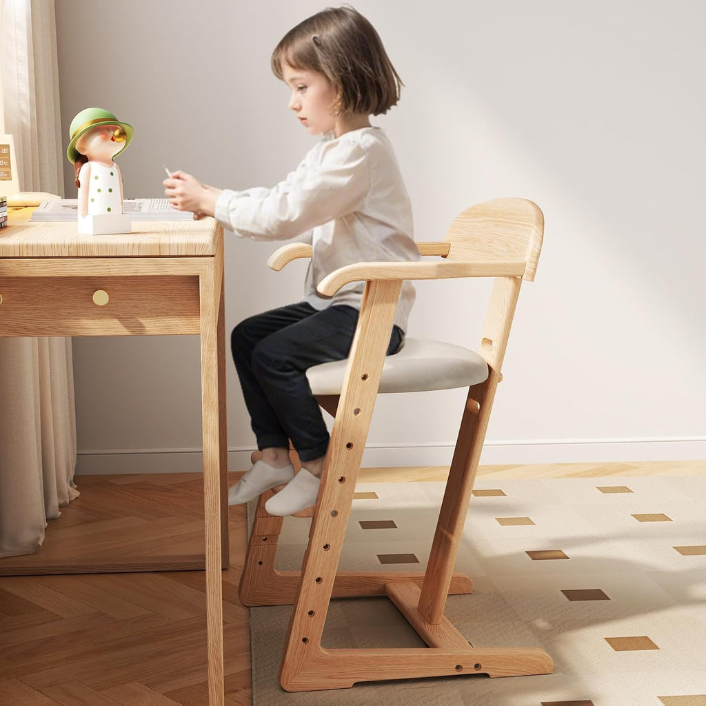 DOMGMUWUJEE Solid Wood Toddler Dining Chair - Adjustable Height Easy to Clean Toddler high Chair - Kids high Chair from 3 Years to 200 Lb, Grow with Child (Natural Grey)