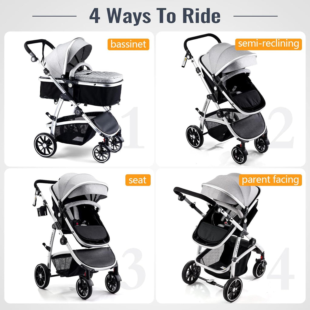 Hagaday Baby Stroller, 2-in-1 Reversible Toddler Seat with Basket Mode, Foldable Infant Stroller with Canopy, One Button Brake, Adjustable Handle, Newborn Pushchair (Gray)