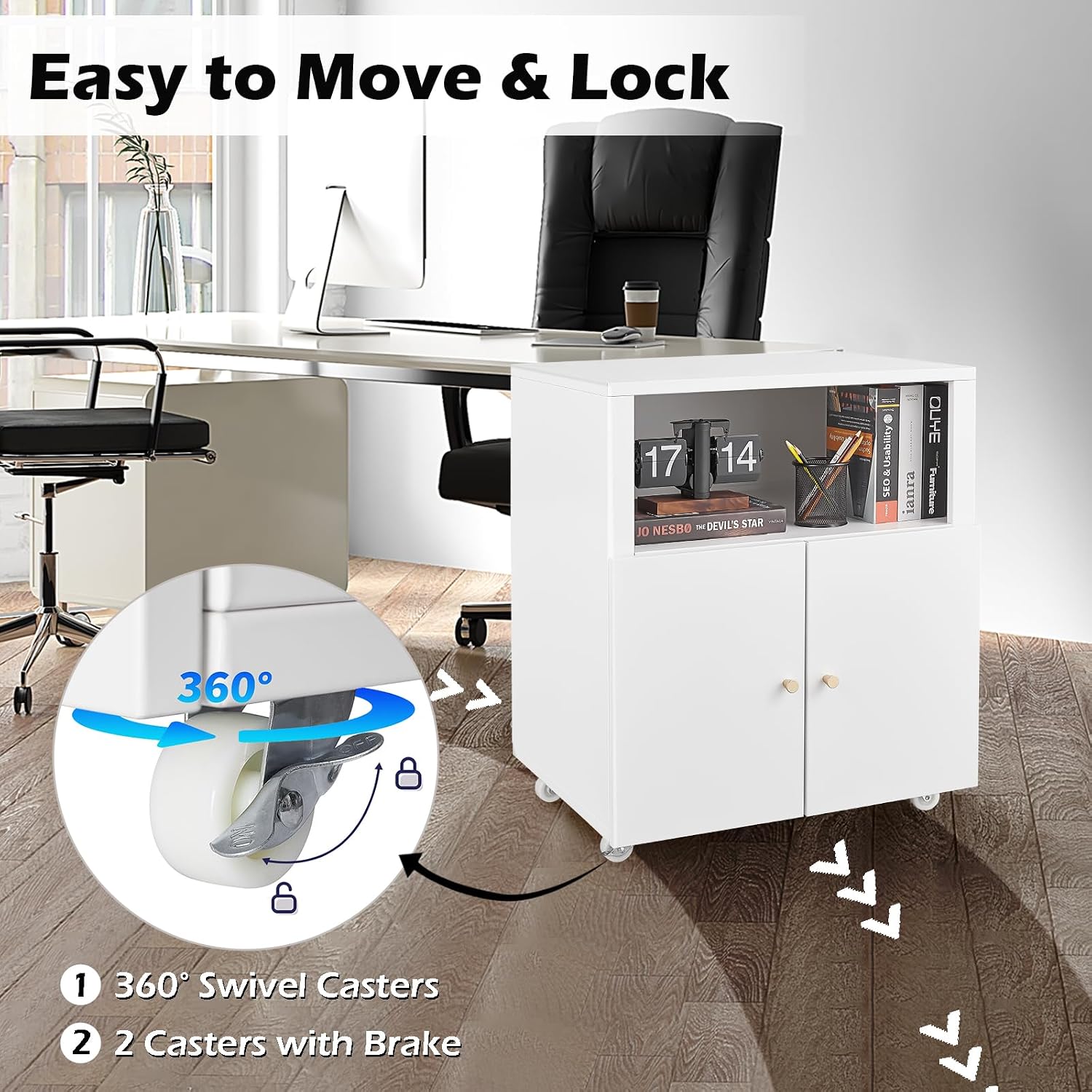 Metal Printer Stand with Storage, Heavy Duty Rolling Printer Cabinet with Doors and Adjustable Shelves, Large Printer Table Stand with Wheels for Office Copier Fax, White