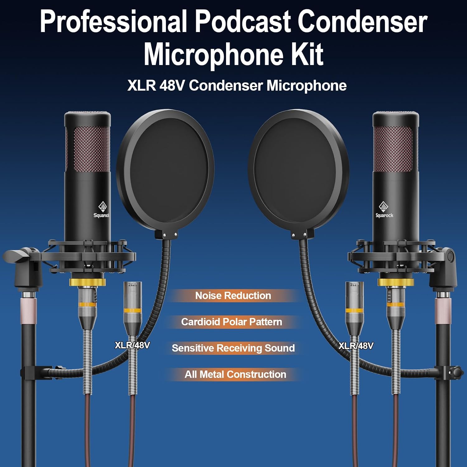 Podcast Equipment Bundle for 2 with Dual 48V XLR Condenser Micophones with Mic Pop Filters Audio Equipment for Live Streaming/Recording, Online Gaming for Phone/Laptop/PC Audio Interface M100