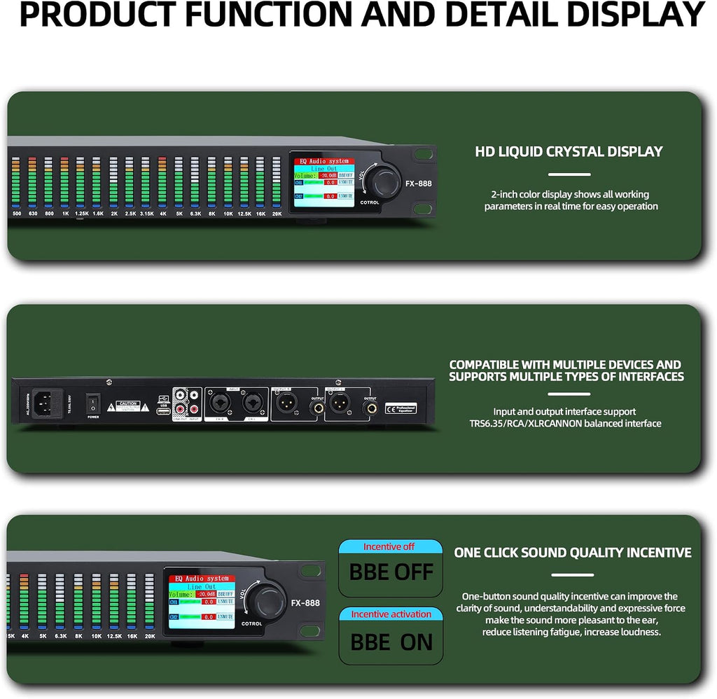 FX-888 Dual channel synchronized control 31-Band Digital equalizer Stereo Graphic EQ Noise Reduction Each segment with LED Spectrum Display Operation Content display large screen.