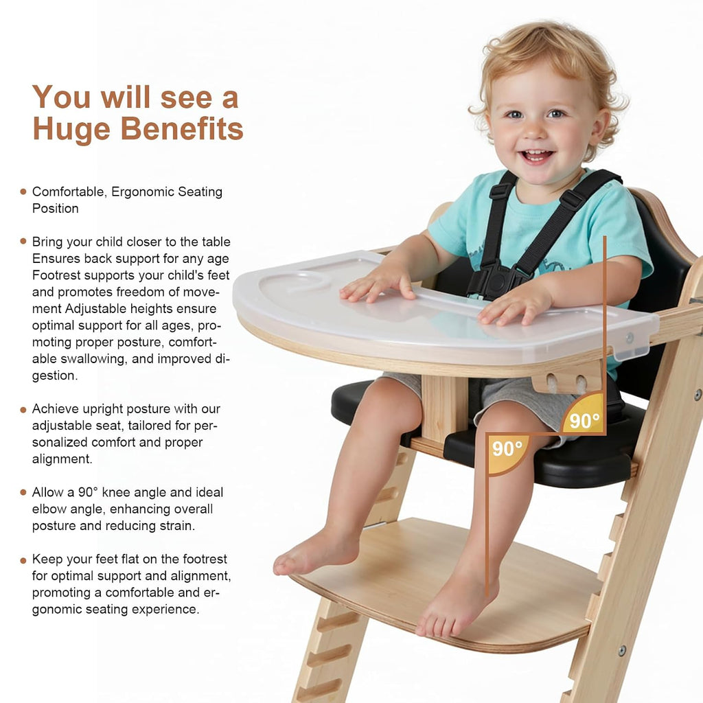 Cowiewie New Upgrade 3-in-1 Convertible Wooden High Chair for Babies & Toddlers 10 Levels Adjustable 3-Tier Remove 2 Waterproof Cozy Cushions Black