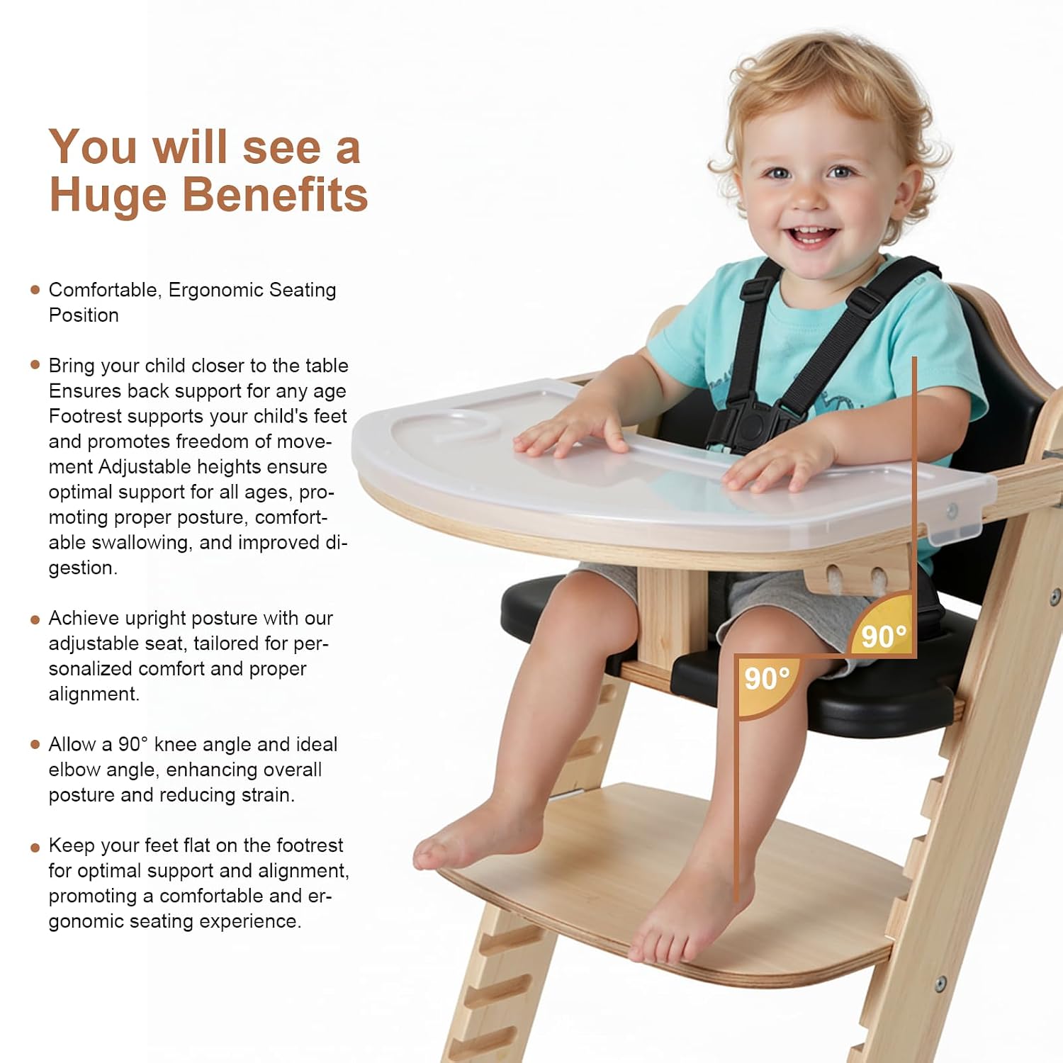 Cowiewie New Upgrade 3-in-1 Convertible Wooden High Chair for Babies & Toddlers 10 Levels Adjustable 3-Tier Remove 2 Waterproof Cozy Cushions Black