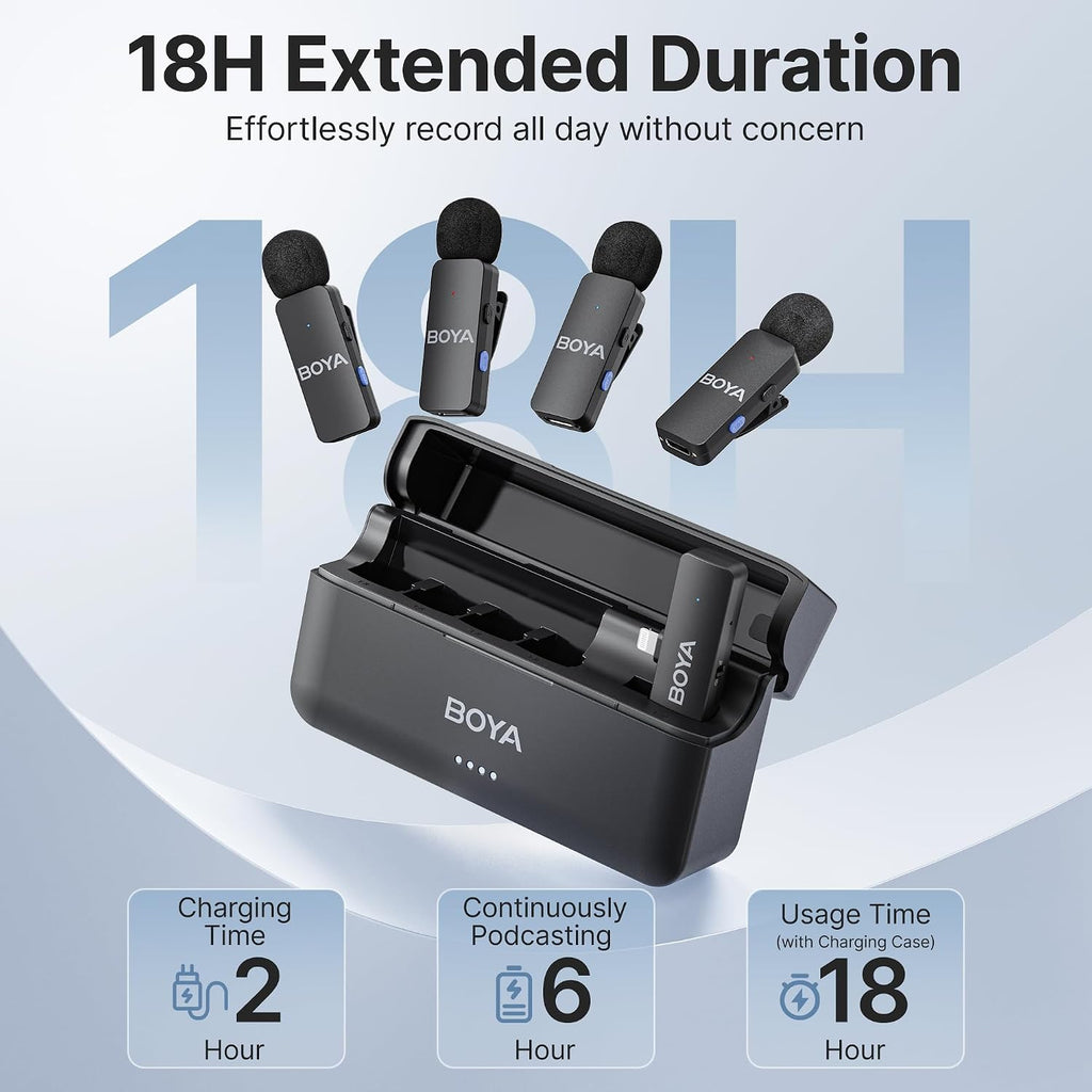 BOYA BY-V4D Wireless Lavalier Microphone for iPhone iPad with Charging case, 18H Battery Life, 650ft Range, 4-Channel Omnidirectional Noise Canceling Lapel Mics for Video Recording Interview Vlog