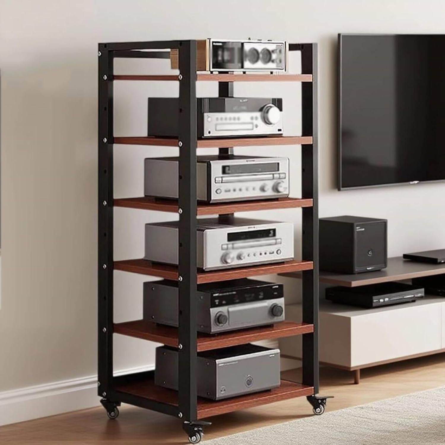 6 Tier Audio Rack Tower, CD Record Player Stereo Receiver AV Equipment Cabinet Display Rack, Weight Capacity 661 lbs, with Adjustable Wooden Shelves for Home (6 Tier Teakwood)