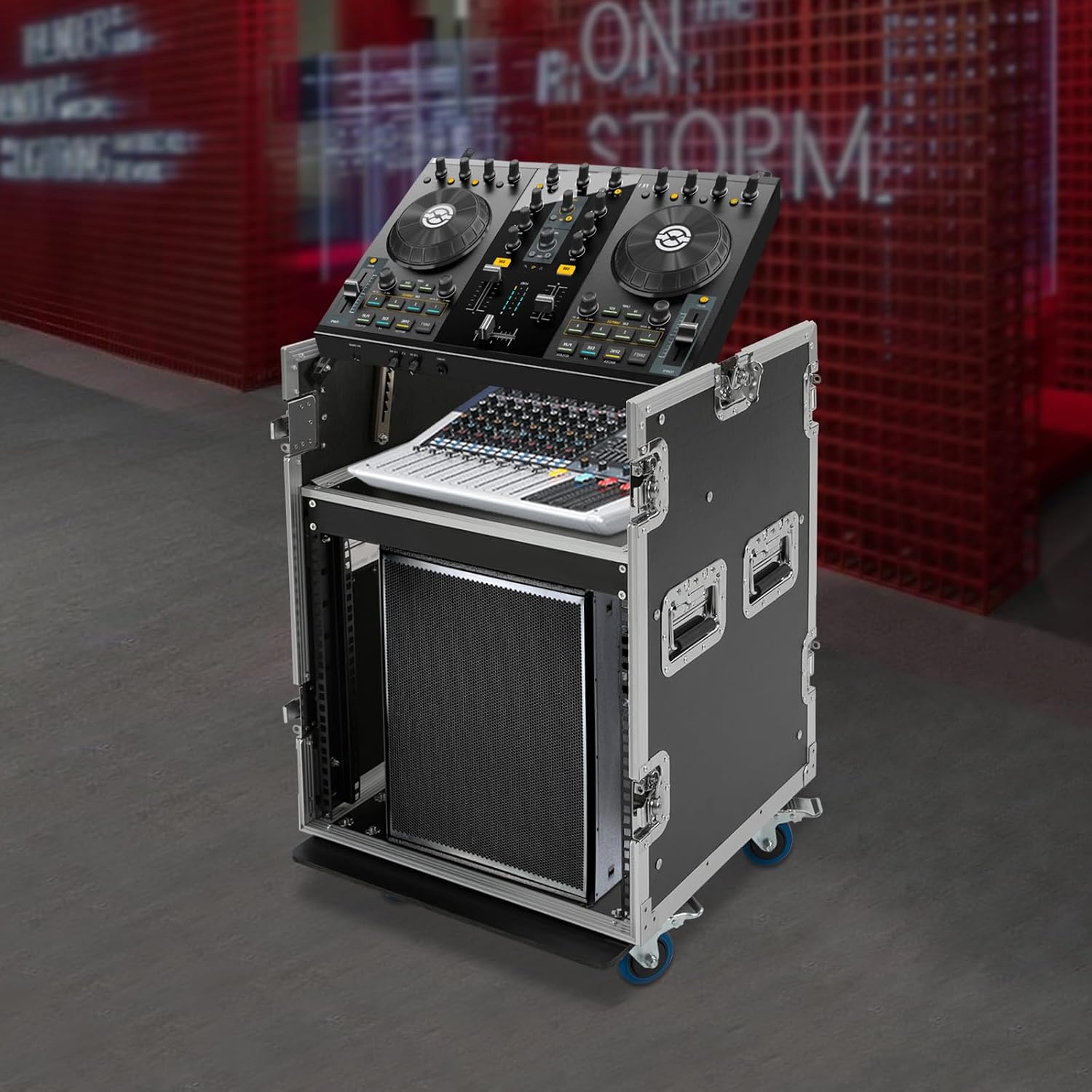 10U PA Server Rack Audio Rack Case 2 Tiers Studio Rack Mobile Flight Case Frame Server Rack DJ Table with Wheels DJ Equipment DJ Rack for Studios Theatres KTVs