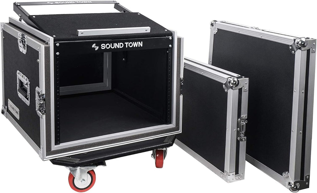 Sound Town Shock Mount 8U ATA Rack Case with 21' Rackable Depth, 11U Slant Mixer Top and Casters, 8-Space Size - Pro Tour Grade (STMR-SP8UW)