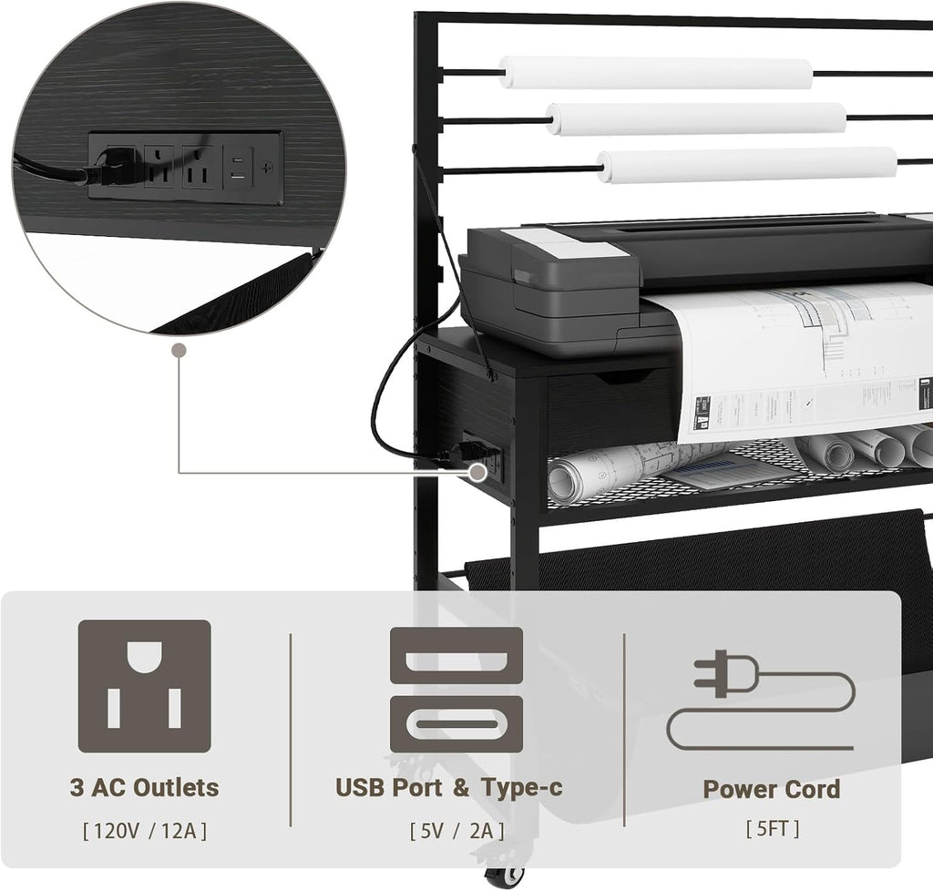 Natwind Wide Format Printer Stand, Plotter Workbench Table with Pull-Out Drafting Storage, Roll Paper Holder, Accessory Drawer, Adjustable Storage Shelf for Plotters and Cutting Machines (Black)