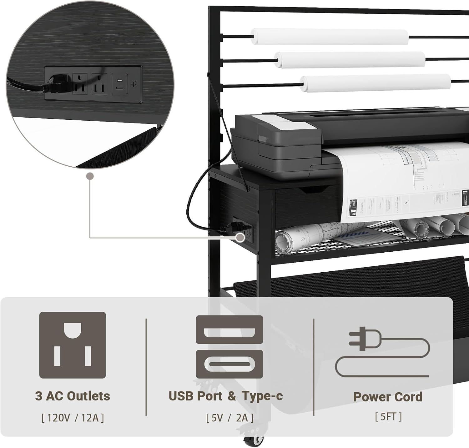 Natwind Wide Format Printer Stand, Plotter Workbench Table with Pull-Out Drafting Storage, Roll Paper Holder, Accessory Drawer, Adjustable Storage Shelf for Plotters and Cutting Machines (Black)