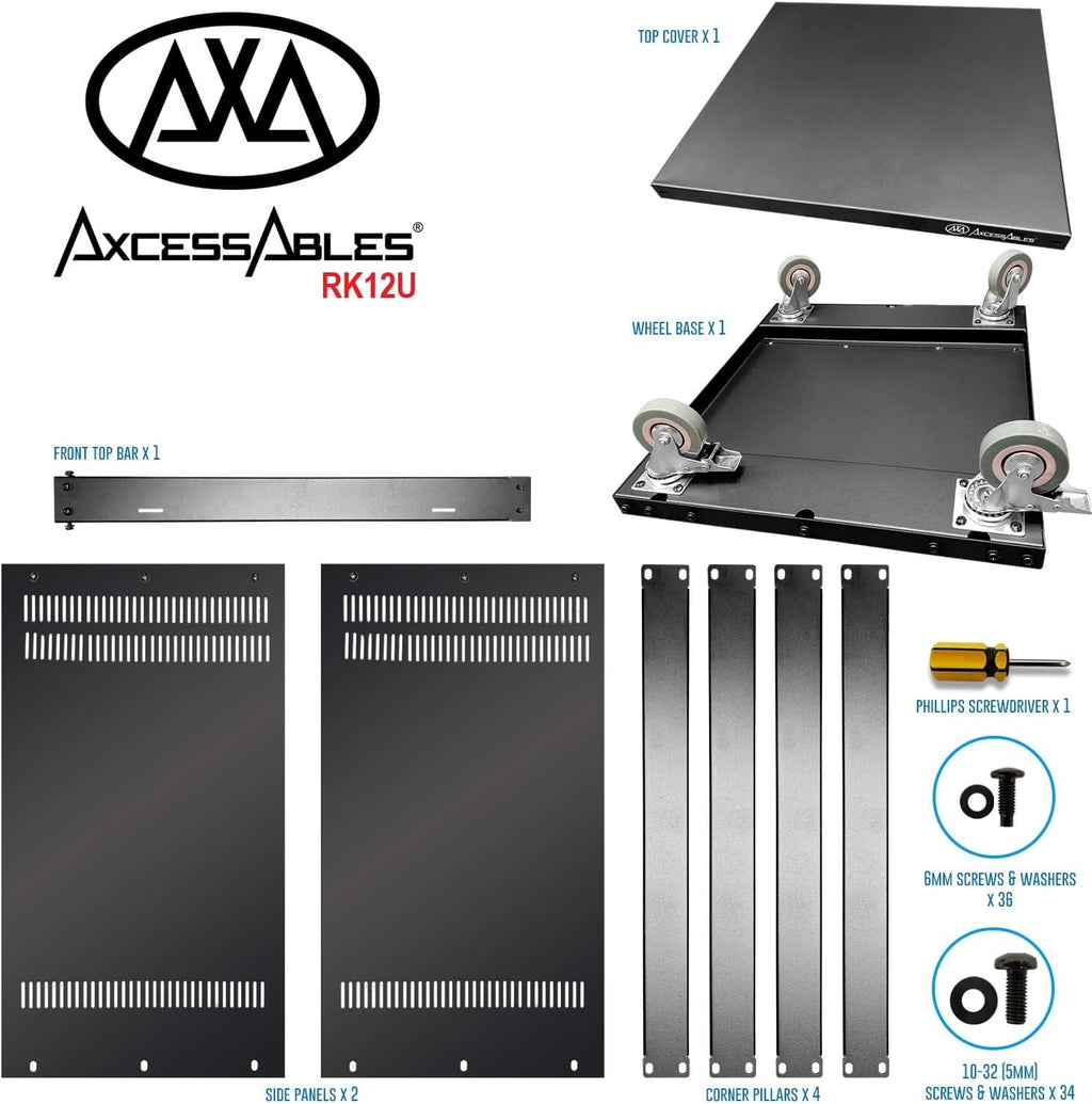 AxcessAbles 12U AV Equipment Rack | 19-Inch Steel Open Frame Home Studio Rack with 3' Caster Wheels | Universal Case for Studio, Server, Network Gear | 550lb Capacity | Screws, Spacer, Tool Included