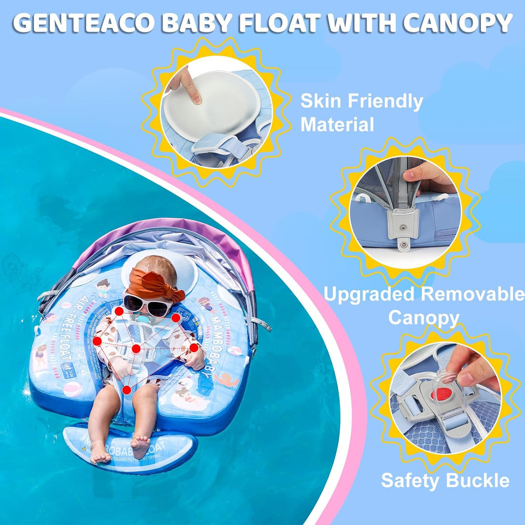 Mambobaby Baby Float with Canopy & Tail Non-Inflatable Baby Swim Float Upgrade Soft Infant Pool Float Sun Protection Newborn Pool Float 3-24 Months Skin-Friendly Material for Toddler Boys Girls