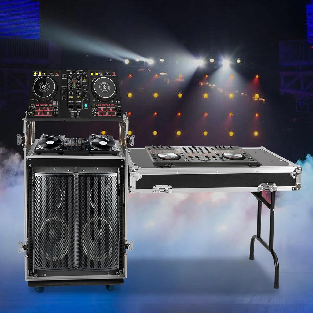14U Pa Dj Rack Case with DJ Table Top, Heavy-Duty DJ Work Table Rolling Studio Equipment Cabinet, Amplifier Mixer Storage Stand for Dj/Pro Audio/Network Gear Storage (14U / Side Tables)