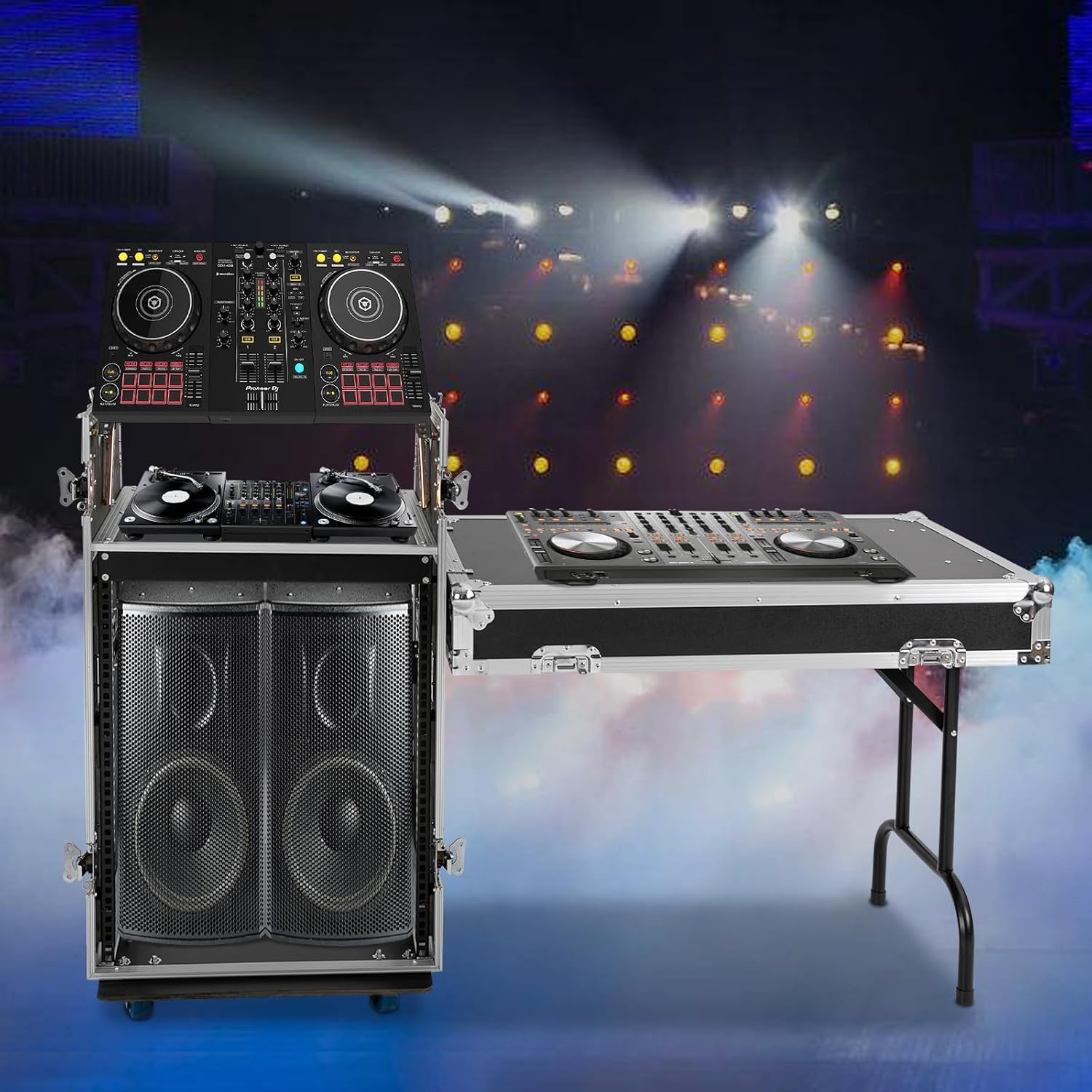 14U Pa Dj Rack Case with DJ Table Top, Heavy-Duty DJ Work Table Rolling Studio Equipment Cabinet, Amplifier Mixer Storage Stand for Dj/Pro Audio/Network Gear Storage (14U / Side Tables)