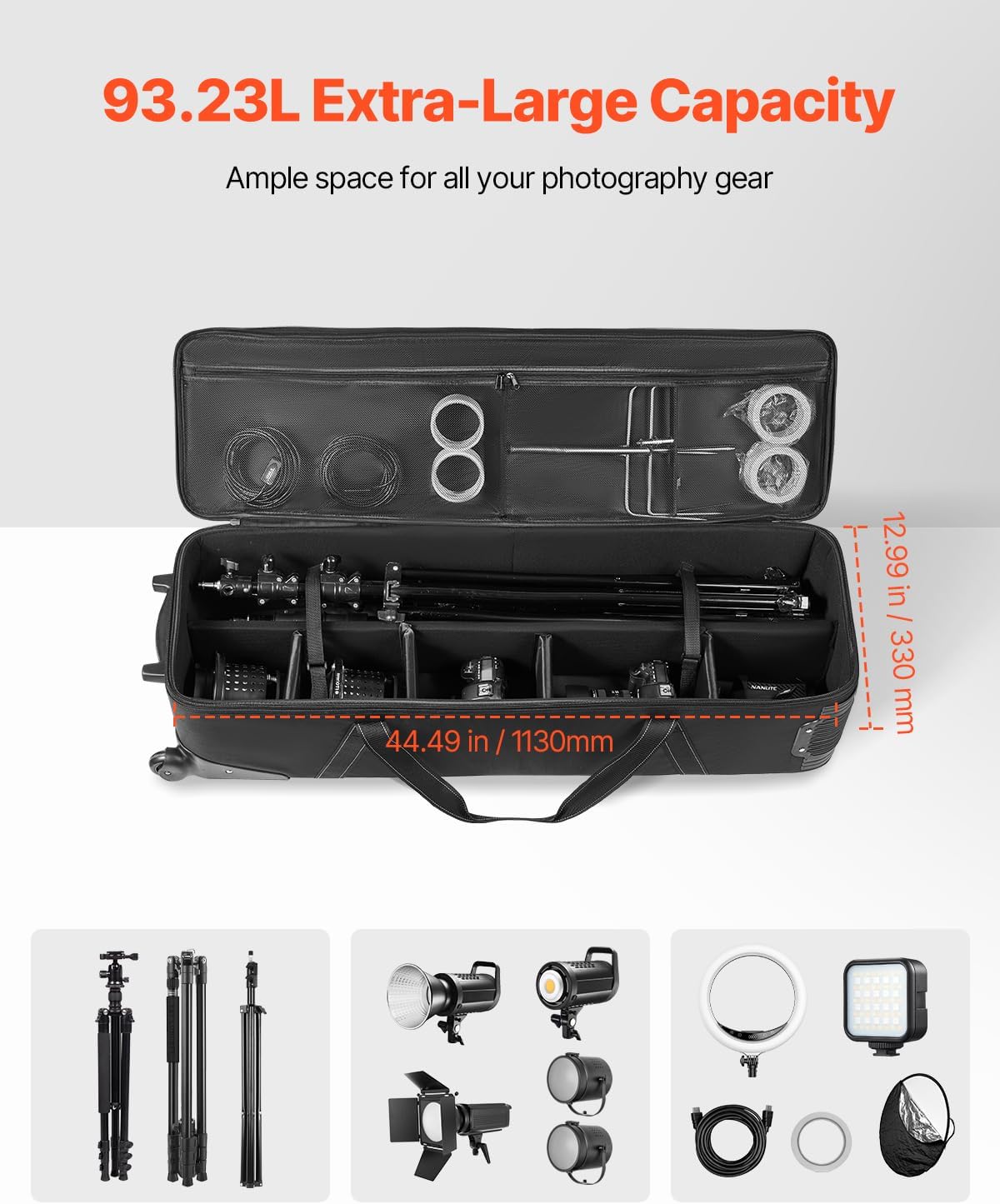 VEVOR Studio Equipment Trolley Case, 46.46 x 14.57 x 11.81 in / 118 x 37 x 30 cm, Rolling Camera Bag, Carrying Bag with Wheels Straps Padded Compartment Handle, for Light Stands, Tripods, Telescopes