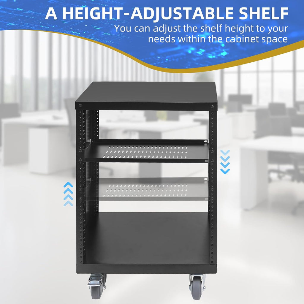 12U Rack with Caster Wheels, Heavy-Duty AV Rack with Adjustable Steel Shelf, Open Frame Server Rack for IT, AV, Data & Computer Equipment, 500lb Capacity, 19.7' W x 17.7' D x 26.8' H
