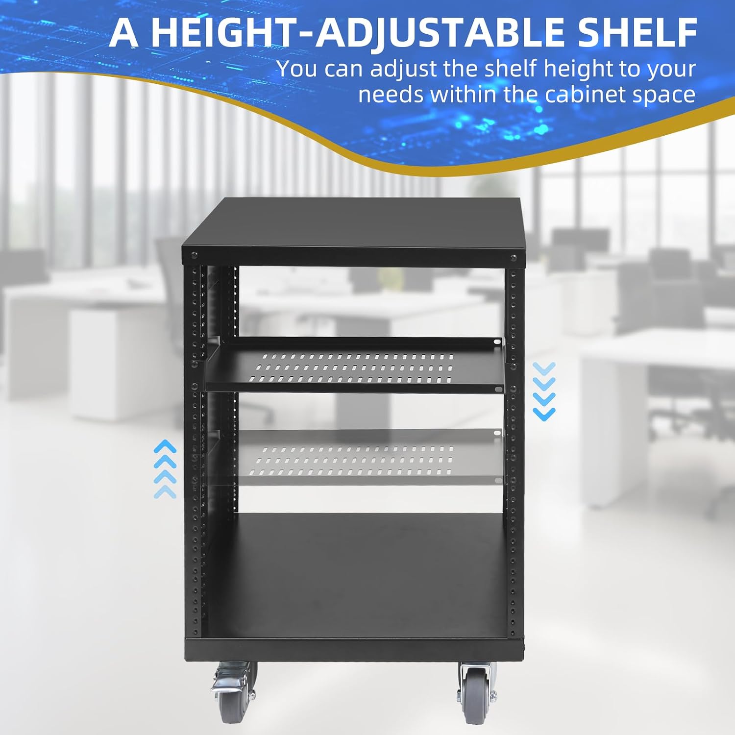12U Rack with Caster Wheels, Heavy-Duty AV Rack with Adjustable Steel Shelf, Open Frame Server Rack for IT, AV, Data & Computer Equipment, 500lb Capacity, 19.7' W x 17.7' D x 26.8' H