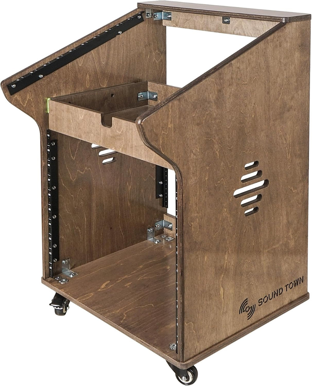 Sound Town DIY Solid Baltic Birch Plywood Studio Rack with 11U Slant Mixer Top, 10U Front, 2U Drawer, Rubber Feet, Casters, Weathered Brown (SDRK-M11X10B)