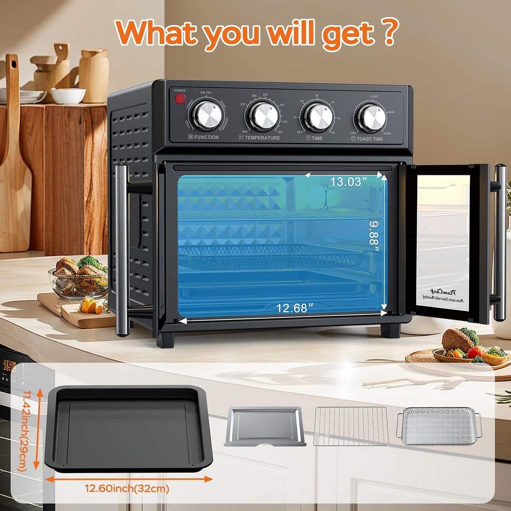 PlumChef 26L Large capacity French Double-Door Air Fryer Convection Toaster Oven,1700W, 7 Preset Menus, 7-in-1 Multi-Function for Bake, Roast, Grill, Toast, Dehydrate& Defrost,Stainless Steel,Black