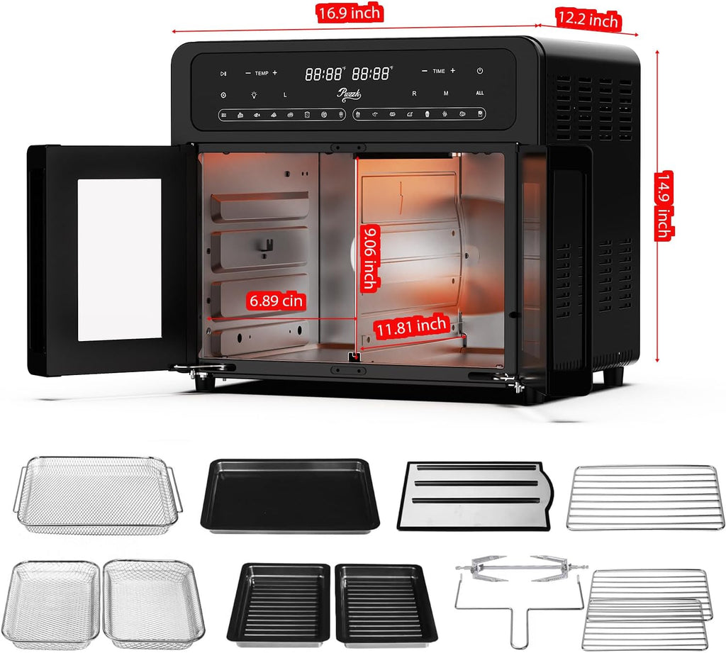 25.4QT Dual Zone Air Fryer Toaster Oven Combo, French Glass Door, XL Capacity, 100-430°F Temperature Range, 16 Preset Functions, LED Display, Dual Fan, 360° Heat Circulation