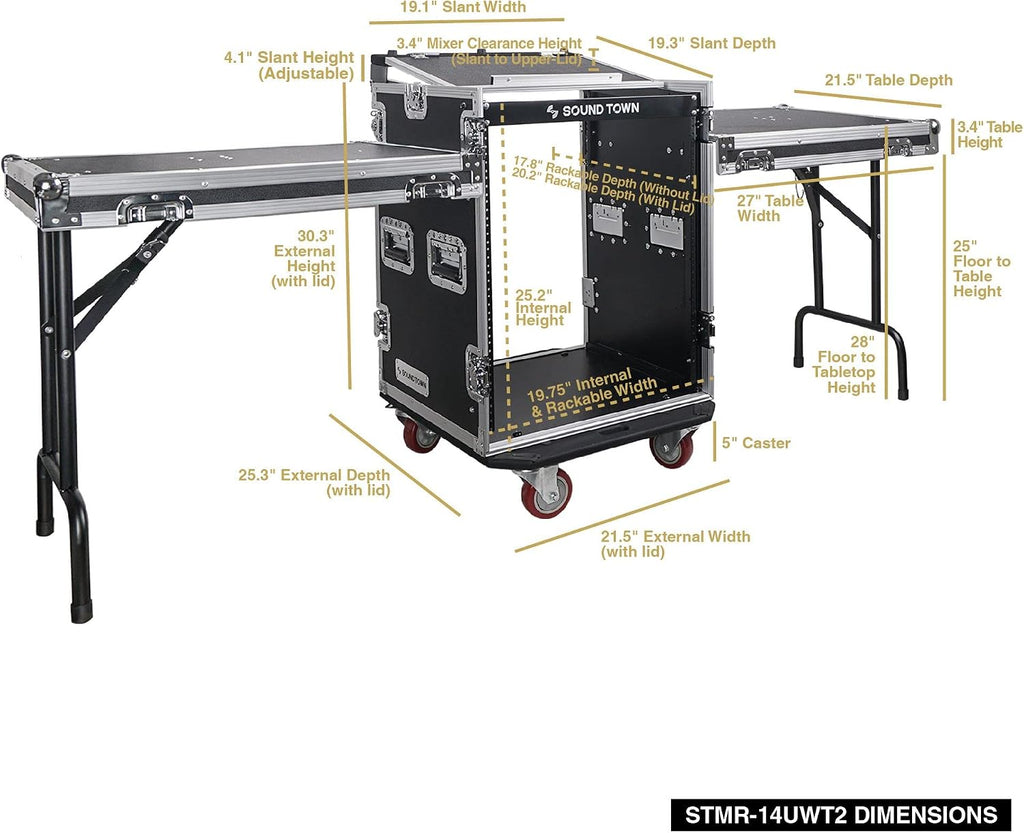Sound Town PA DJ Combo with 14U Rack/Road ATA Case w/Slant Mixer Top, 2 DJ Tables and Casters, One 10 Outlet AC Power Conditioner/Sequencer (STMR-14T2PS10)
