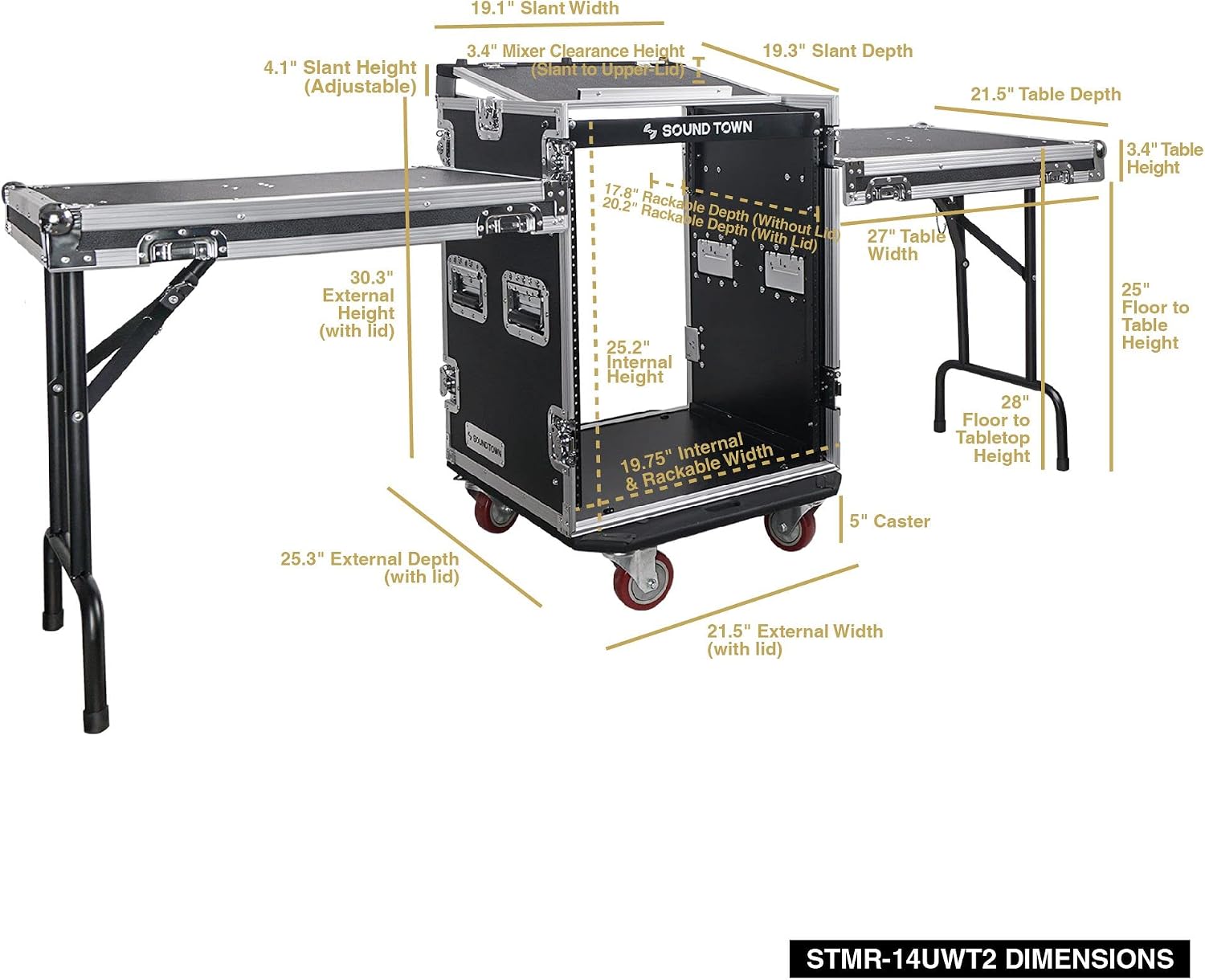 Sound Town PA DJ Combo with 14U Rack/Road ATA Case w/Slant Mixer Top, 2 DJ Tables and Casters, One 10 Outlet AC Power Conditioner/Sequencer (STMR-14T2PS10)