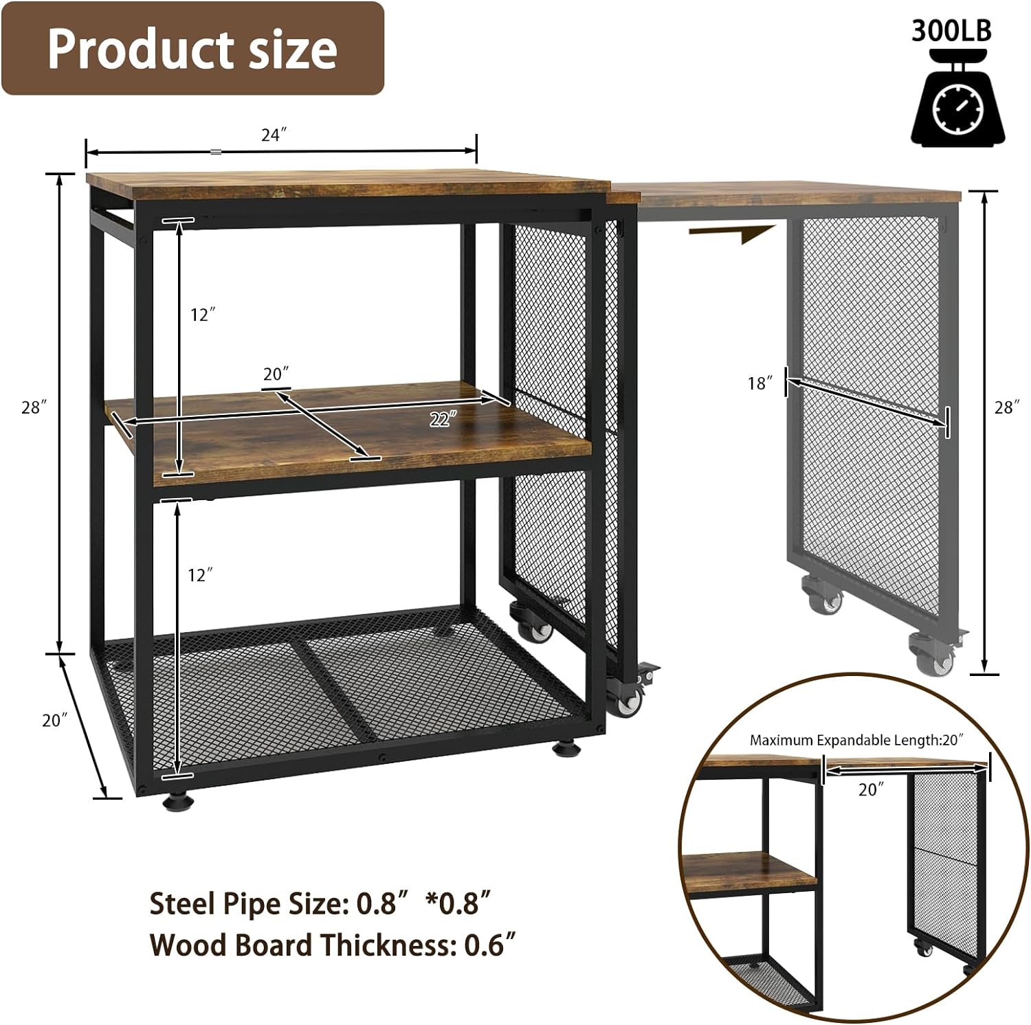 Natwind 24''x20''x29'' Large Printer Stand with Storage Shelves,Extendable Home Craft Table,Home Office Organization Desk, Versatile Table for Home Office, Kitchen, Study Room, Living Room (Retro)