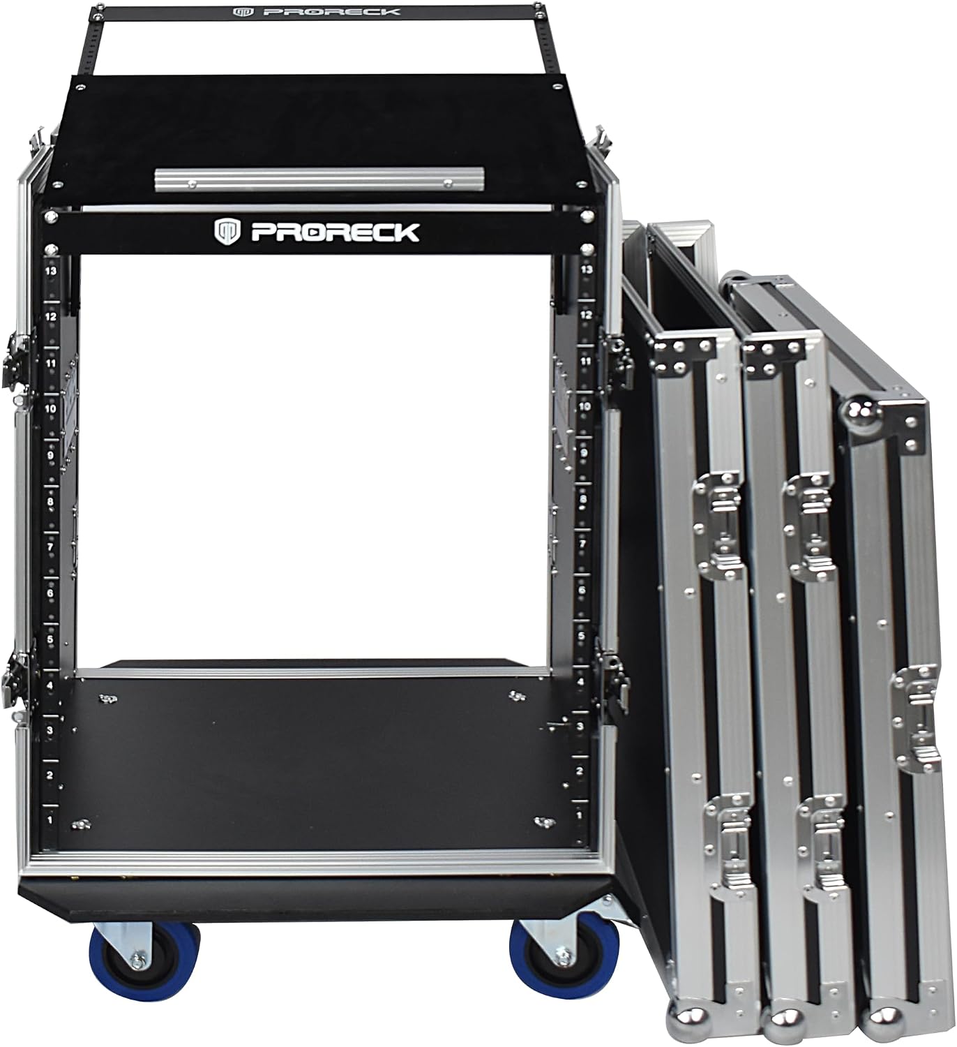 PRORECK 14U Rack/Road Case With Slant Mixer Top, And Casters, 20'' Rackable Depth, Plywood, 14U Installation Size, Pro Stage Performance.