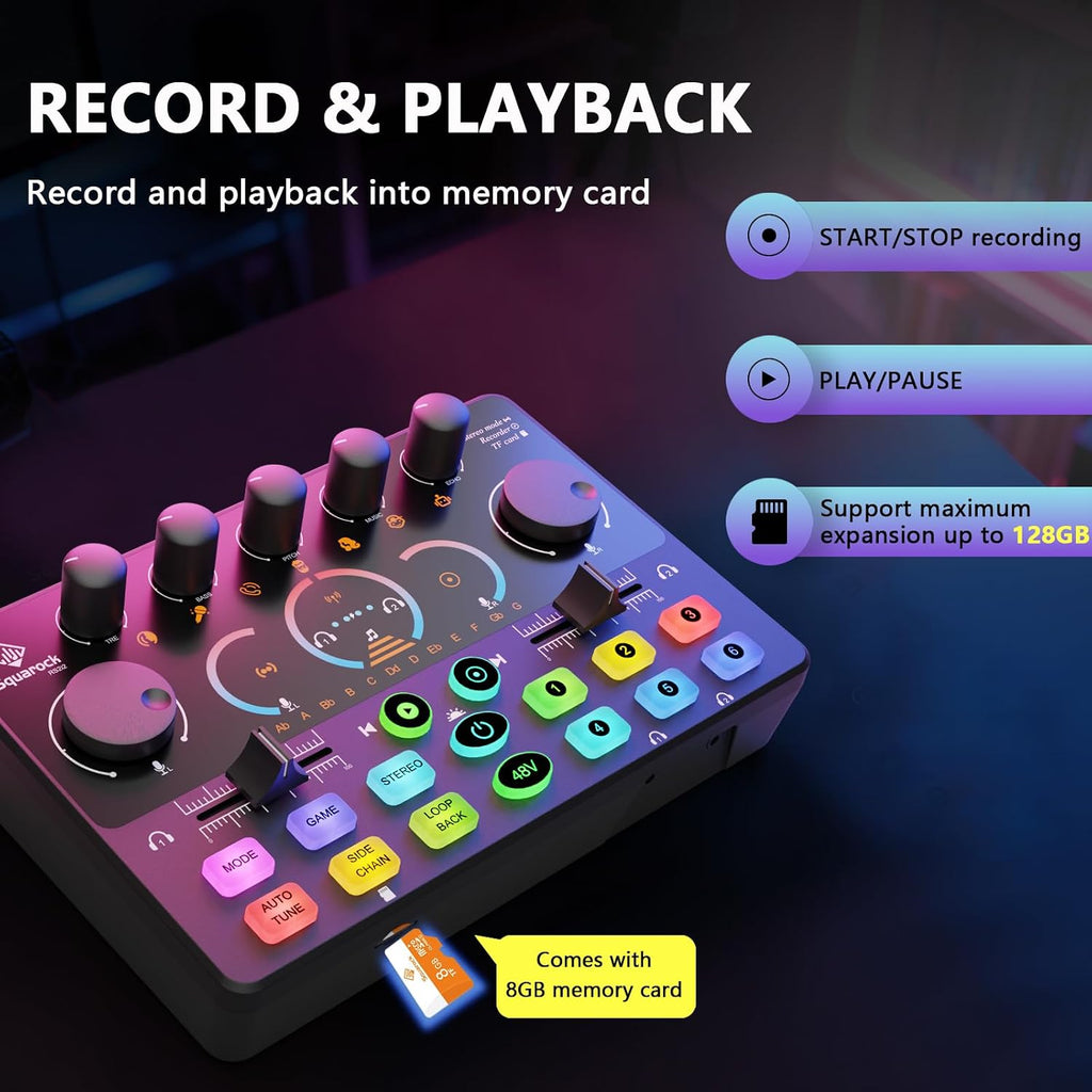 Podcast Equipment Bundle for 2, Audio Mixer with 8GB Memory Card and Dynamic Mics,RGB,Built-in Recorder, Customize Button, Stereo for Vocal Recording Podcasting,Streaming Camera, PC, Phone.(RS2i2)