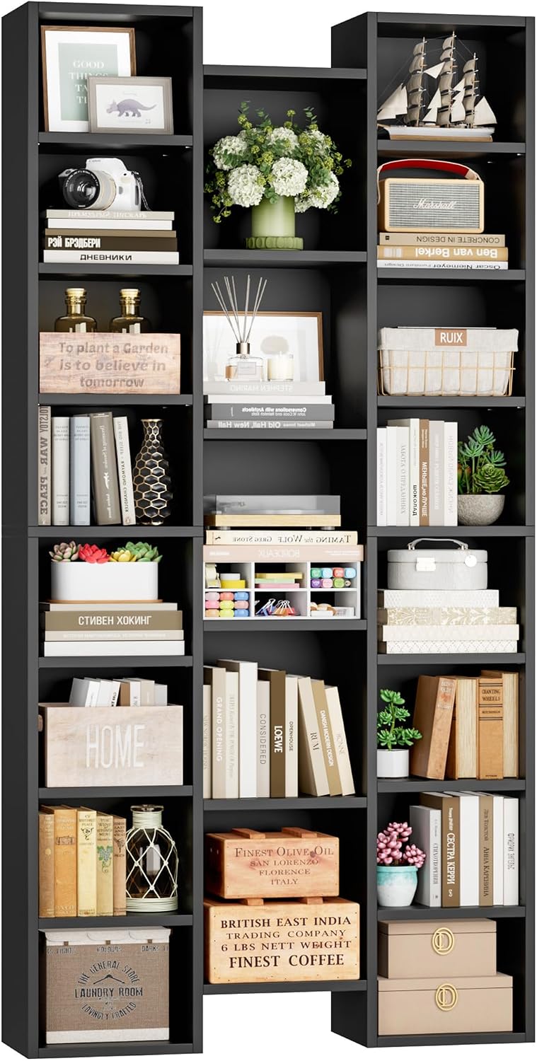 FOTOSOK 71'' Tall Bookshelf with 21 Cubes, 8 Tier Triple Wide Black Bookshelf with 8 Adjustable Shelves, 35' Large Bookcase DVD/CD Media Tower Storage, Freestanding Display Shelf Cabinet, Black