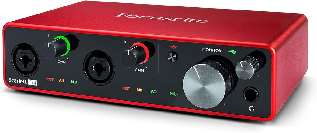 Focusrite Scarlett 4i4 4x4 USB Audio Interface Full Studio Recording Bundle with Condenser Microphone Pop Filter Mic Stand Studio Headphones XLR Cable and Music Production Software