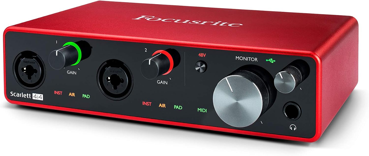 Focusrite Scarlett 4i4 4x4 USB Audio Interface Full Studio Recording Bundle with Condenser Microphone Pop Filter Mic Stand Studio Headphones XLR Cable and Music Production Software