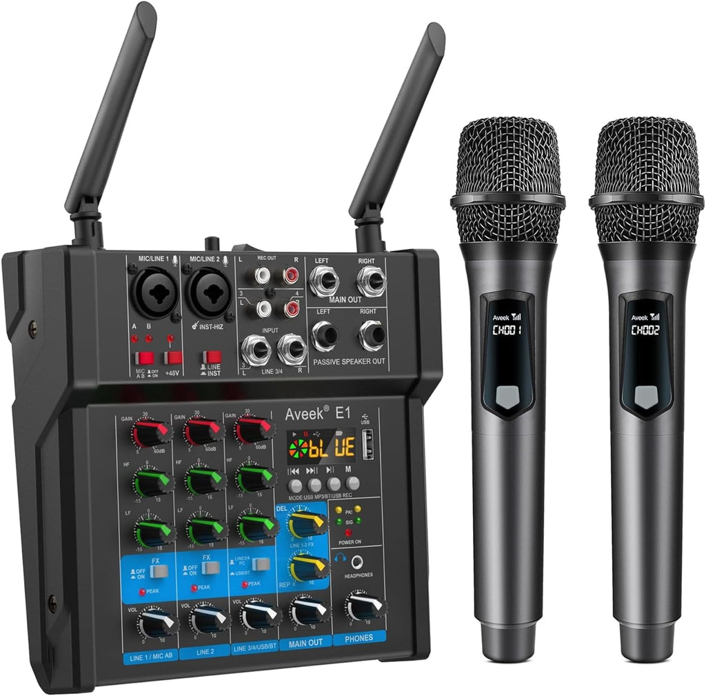 Aveek 150W x2 Powered Amplifier Audio Mixer,4 Channel with Dual Wireless Mic Sound Board Console MP3 Digital USB Bluetooth Computer Input 48V Phantom Power Stereo DJ Mixing for Karaoke Party