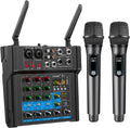 Aveek 150W x2 Powered Amplifier Audio Mixer,4 Channel with Dual Wireless Mic Sound Board Console MP3 Digital USB Bluetooth Computer Input 48V Phantom Power Stereo DJ Mixing for Karaoke Party