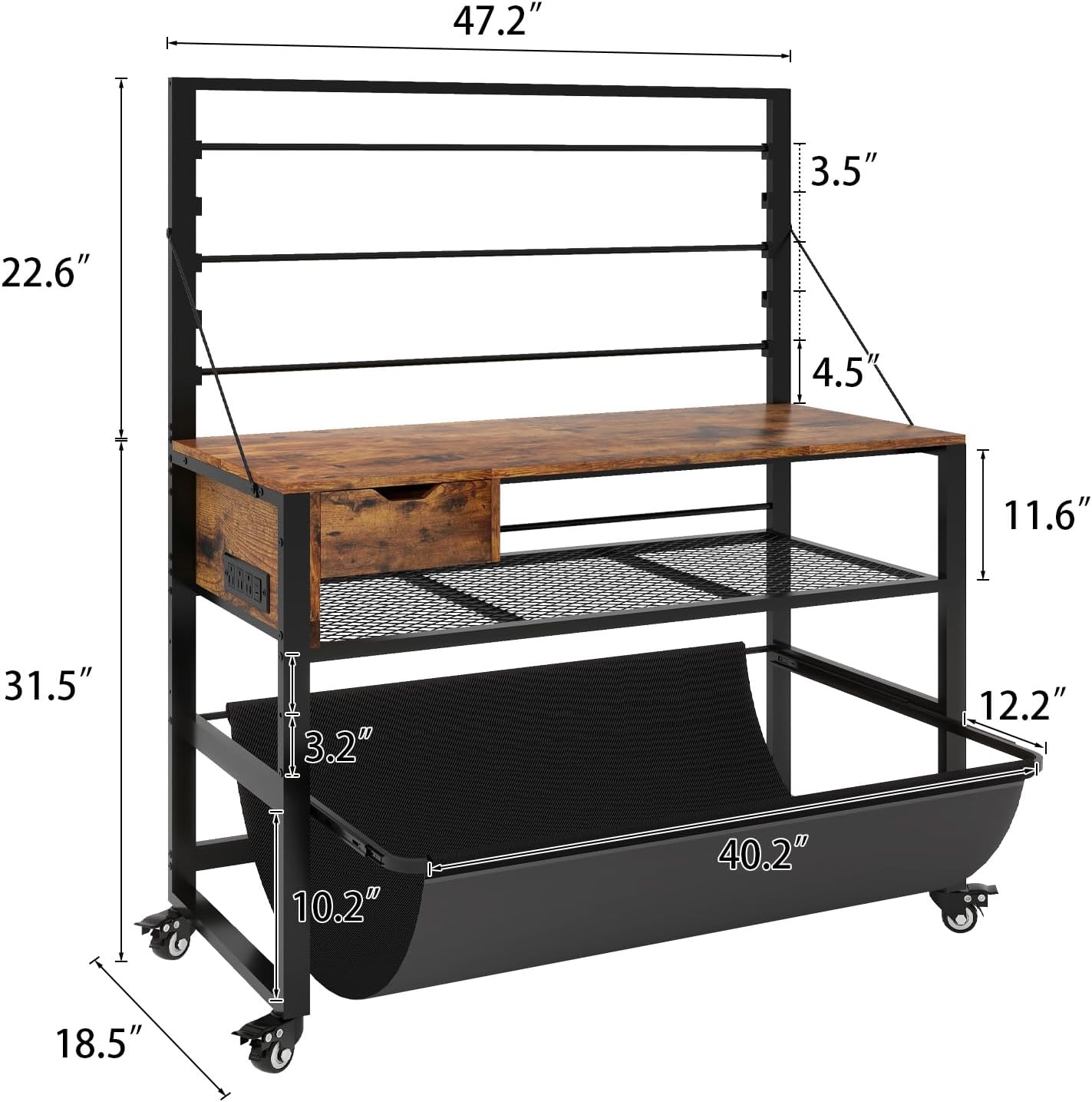 Natwind Wide Format Printer Stand, Plotter Workbench Table with Pull-Out Drafting Storage, Roll Paper Holder, Accessory Drawer, Adjustable Storage Shelf for Plotters and Cutting Machines (Retro)